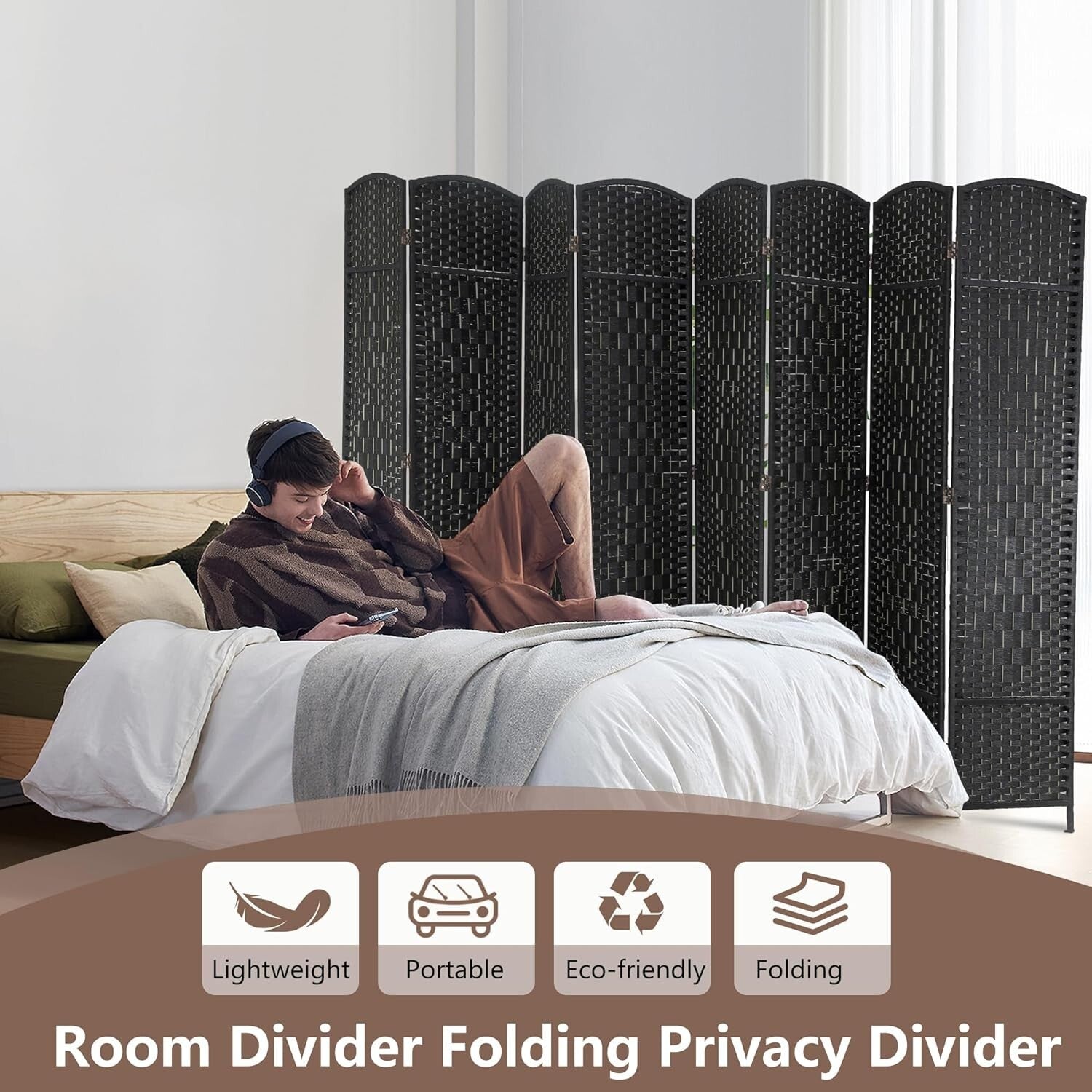 Elegant 8-Panel Room Divider - 6 Ft Black Portable Privacy Screen for Indoor Use