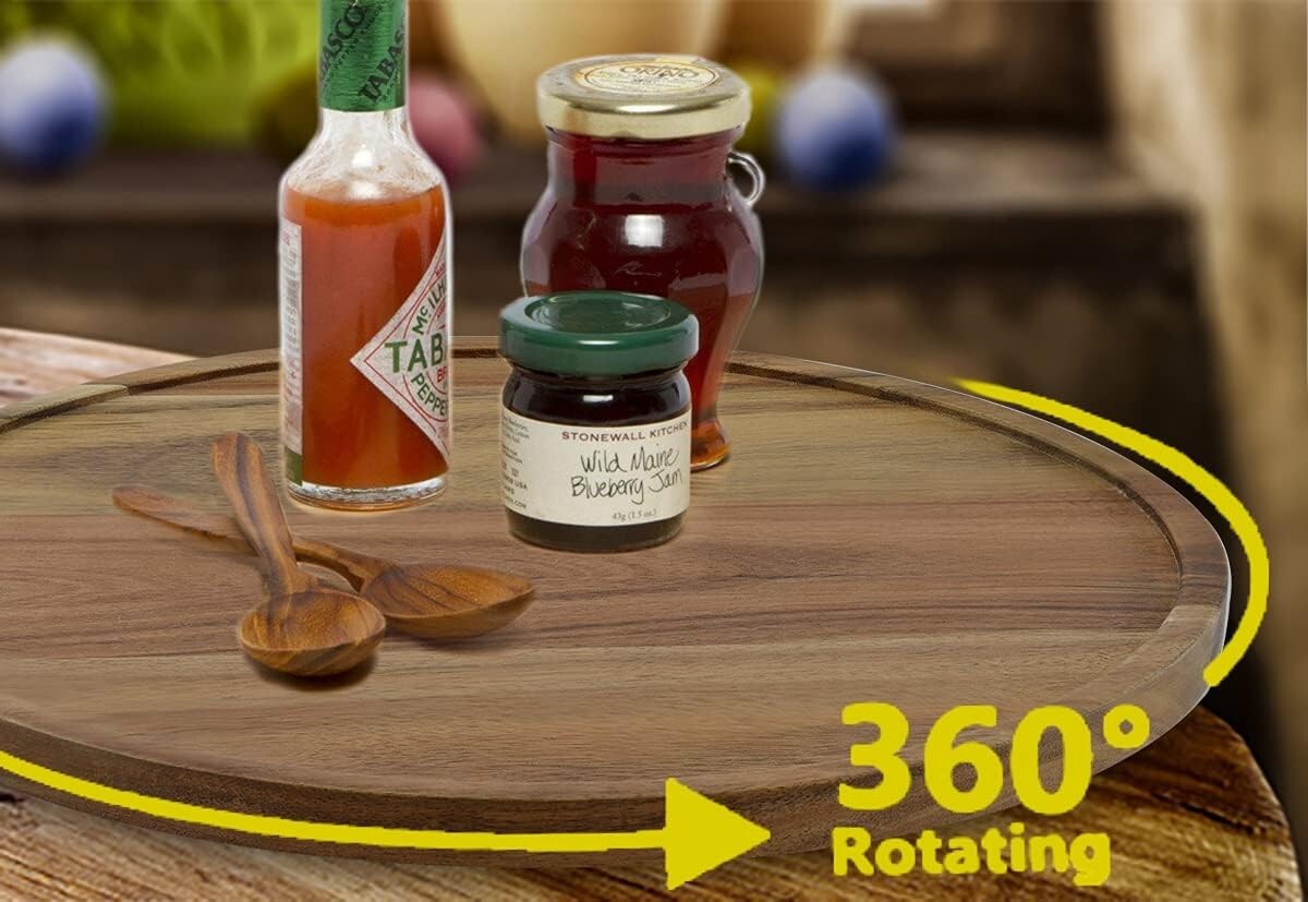 Elegant 14 Inch Acacia Wood Lazy Susan - Durable Kitchen Turntable Organizer