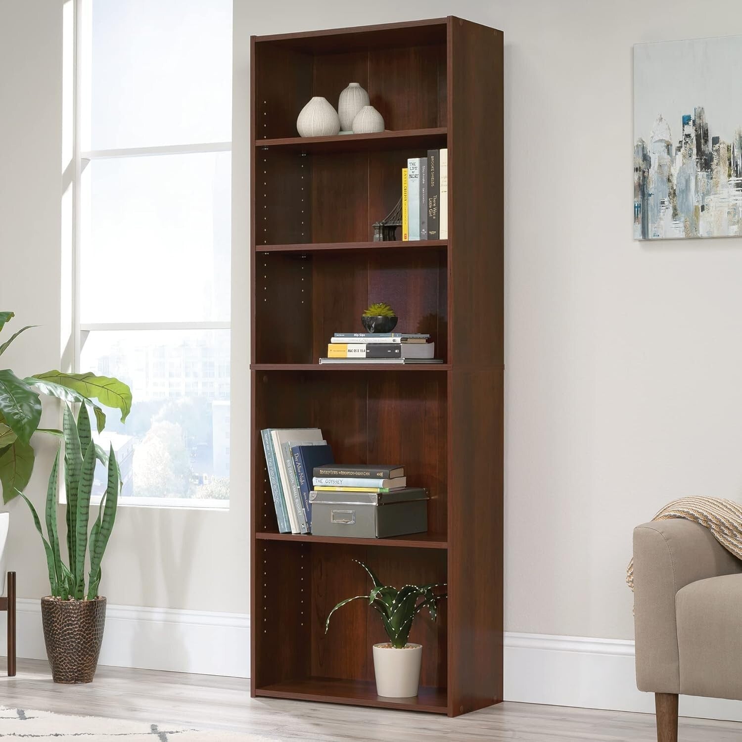 Traditional 5-Shelf Bookcase with Adjustable Components in Brook Cherry Finish