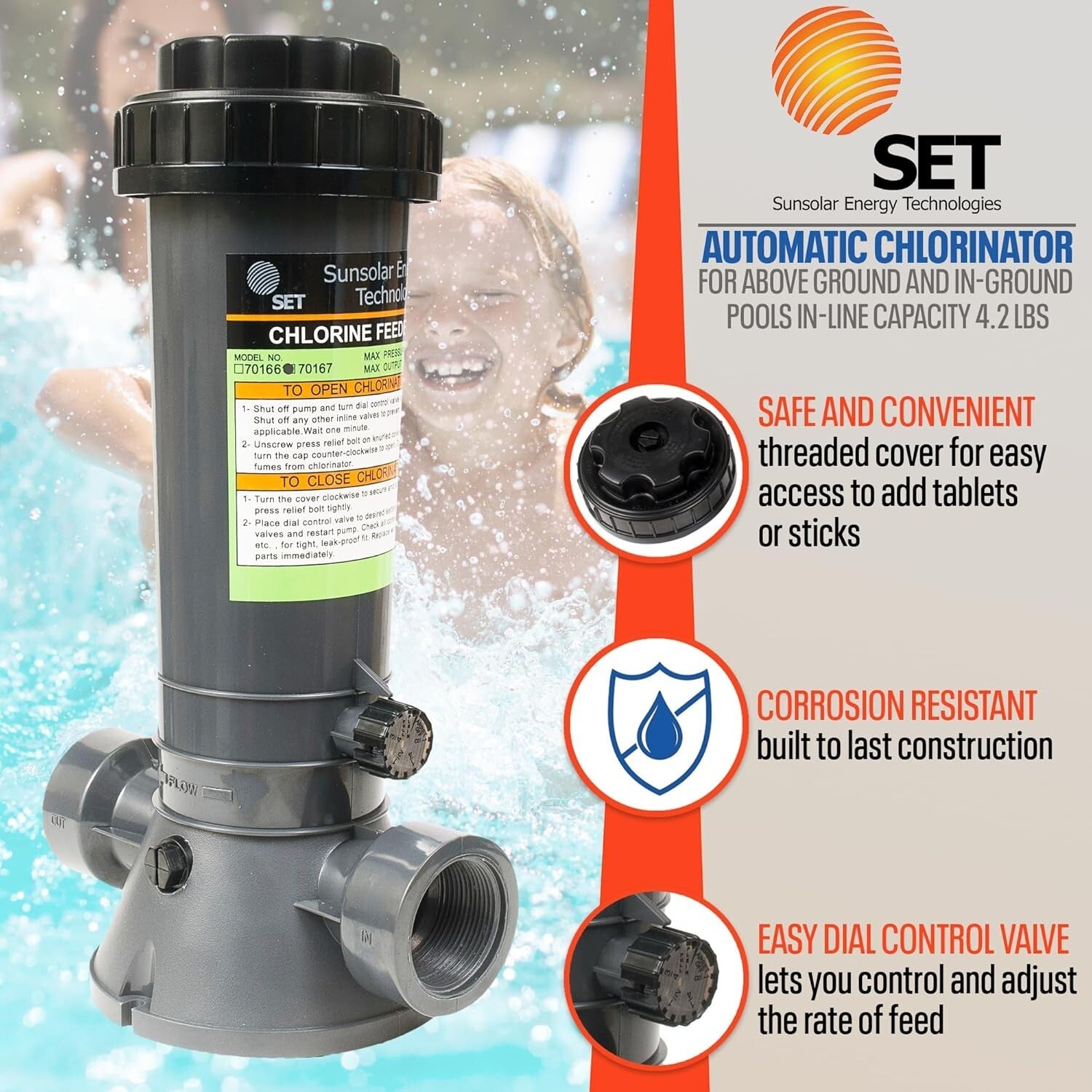 Adjustable Chlorine Dispenser for Easy Pool Maintenance - Fits In-Line Systems