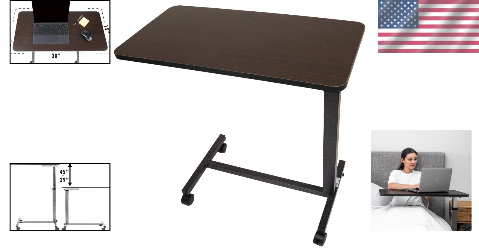 Rolling Bedside Table with Walnut Finish - Ideal for Reading, Eating & Computing