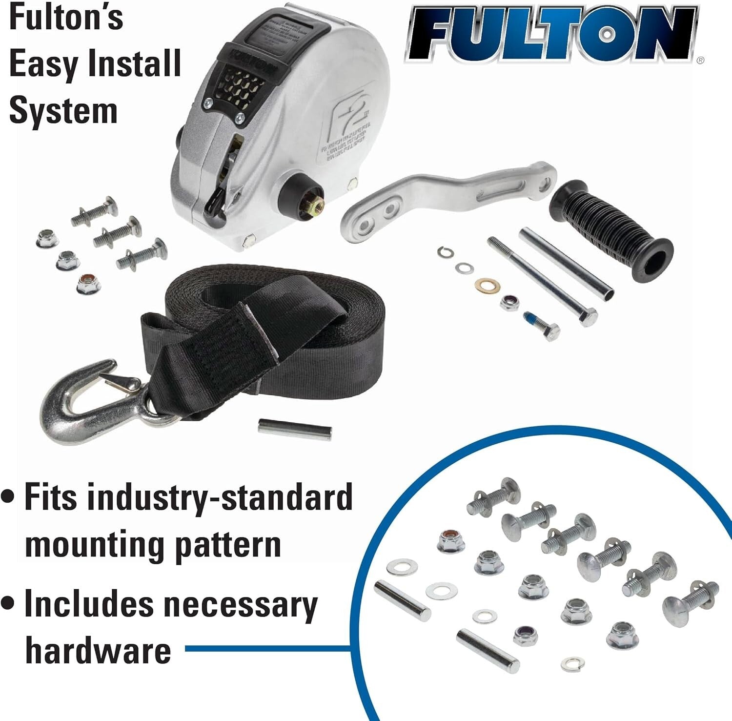 Dual Gear F2 Trailer Winch - 1,600 lbs Capacity with 20' Strap & Mounting Kit