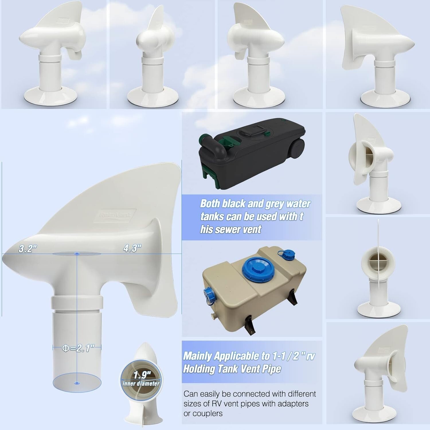 Bladeless 360° RV Sewer Vent - Odor Control with Easy Installation, White