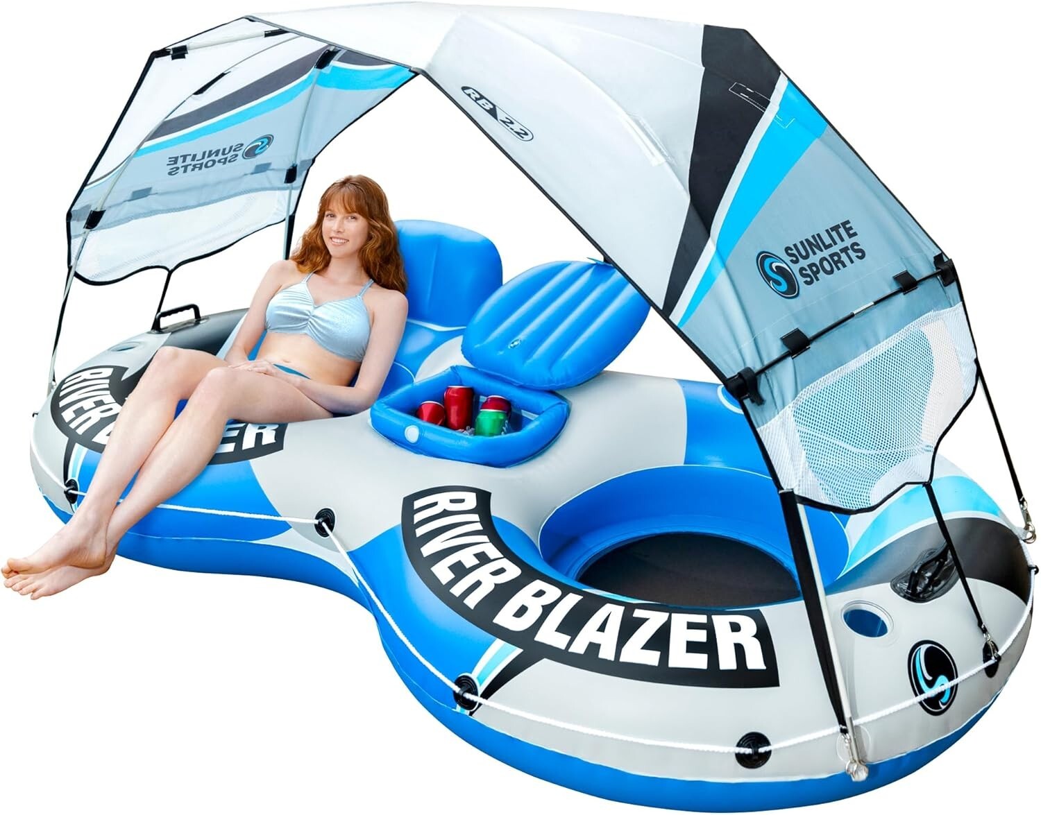 Expandable Comfort: Double Inflatable River Raft with Cooler & Sunshade Canopy