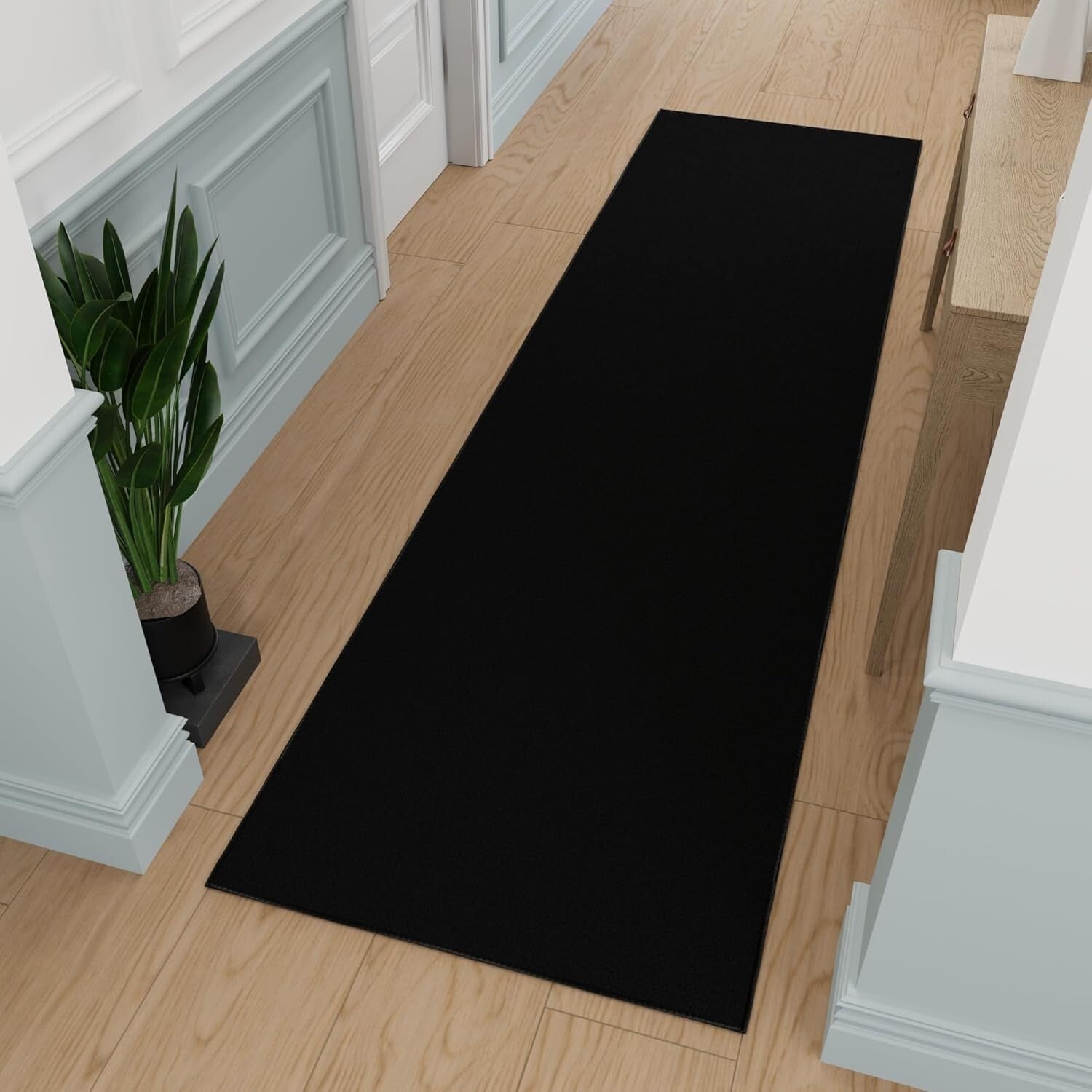 Durable Low Pile Runner Rug - Machine Washable, Non-Slip, 2'7" x 12' in Black