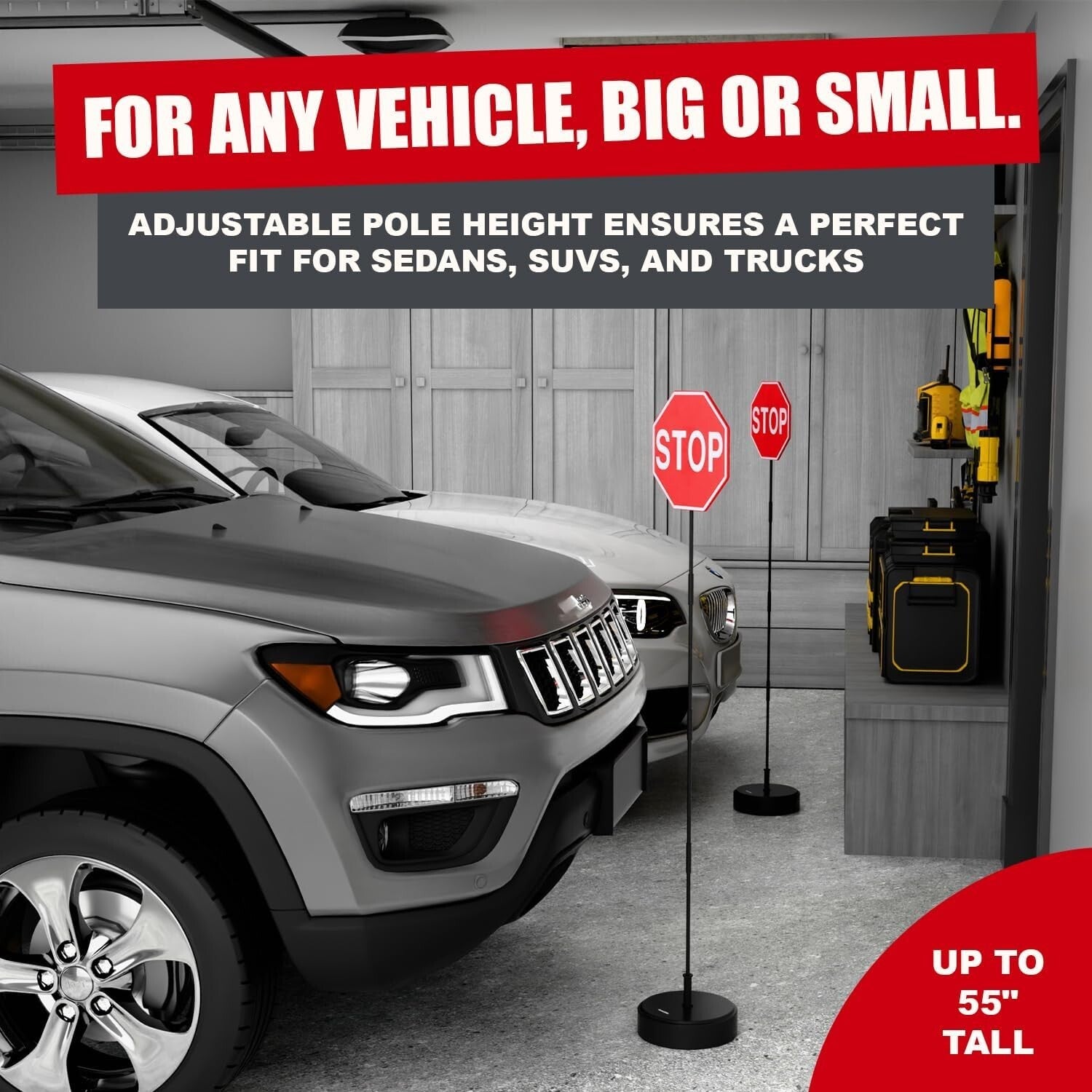 2 Pack Garage Parking Marker with 7" LED Stop Sign - Adjustable Car Guide Aid