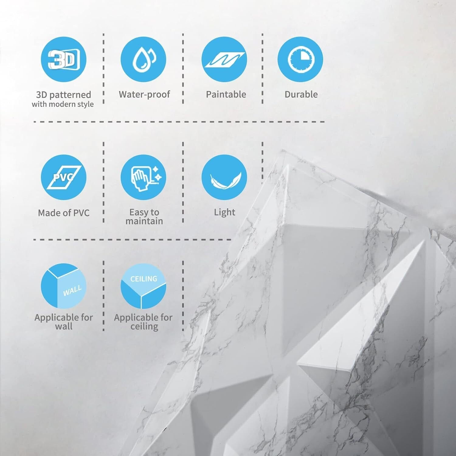 Diamond Design 3D PVC Wall Panels - Glossy White Marble for Elegant Interiors