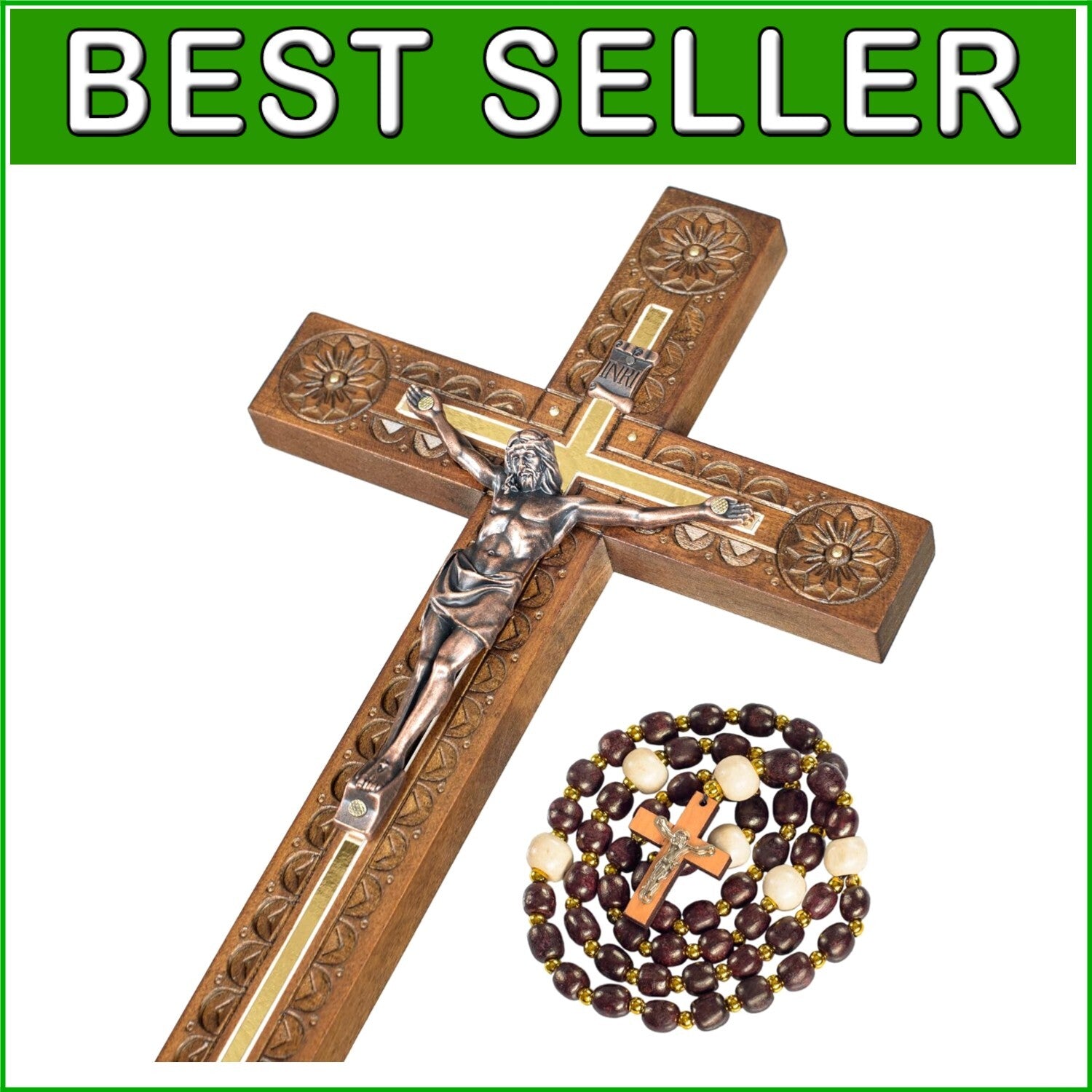 Handcrafted 12-Inch Crucifix Wall Cross - Elegant Decor with Wooden Rosary Gift