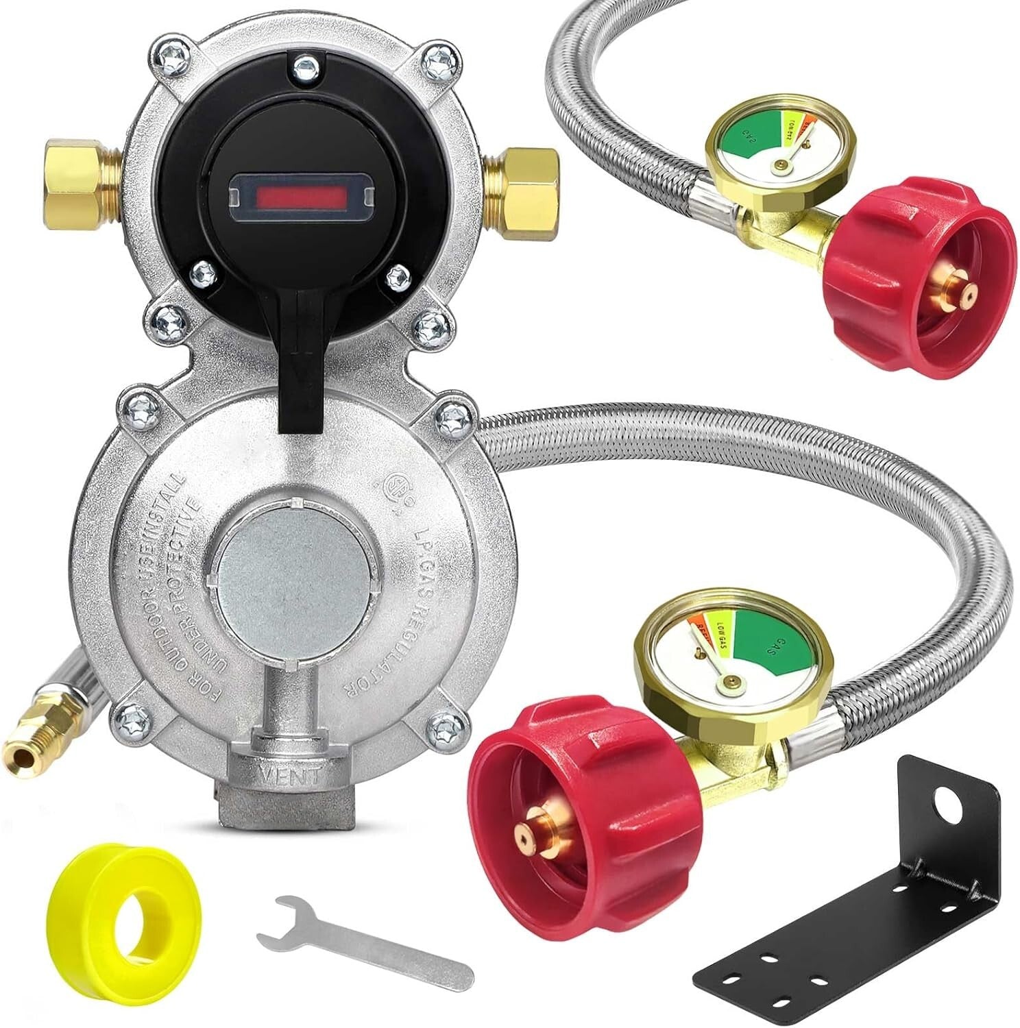 Efficient RV Propane Regulator with No-Interrupt Changeover & 18" Braided Hoses