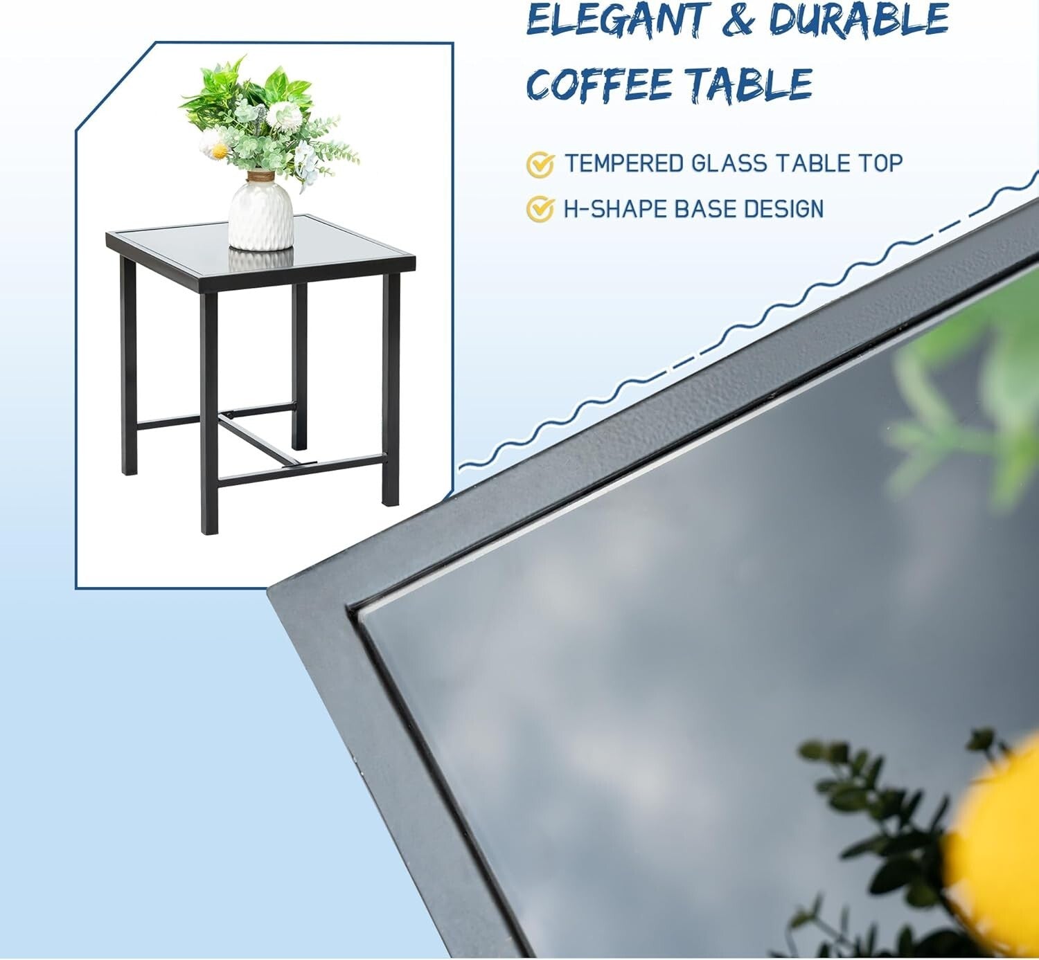 Durable Patio 3-Piece Rocking Wicker Set with Glass Table - Blue Elegance