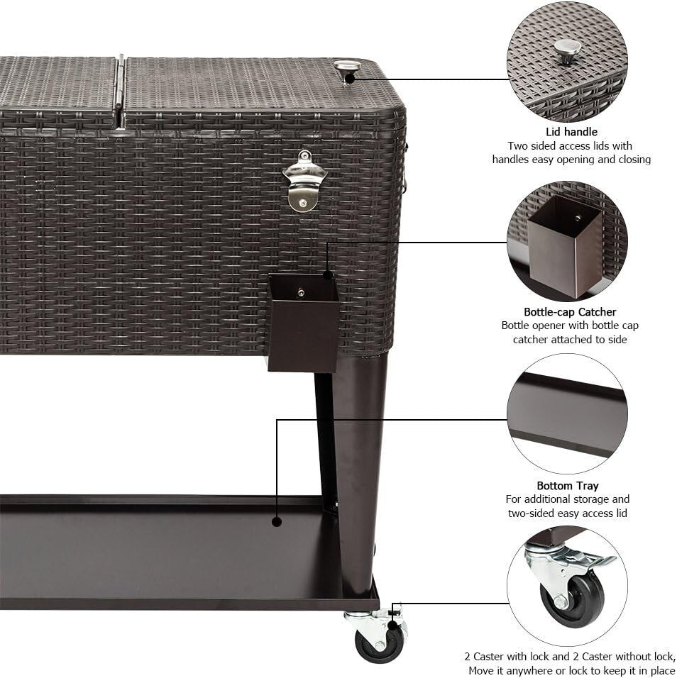 80 Quart Rolling Ice Chest Cooler Cart - Elegant Rattan Design for Patio Parties