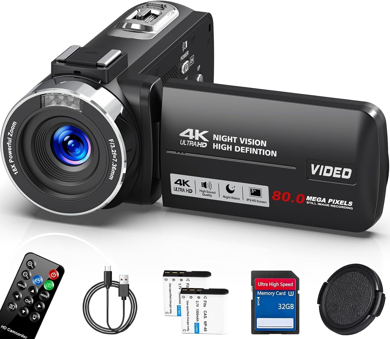 Compact 4K Video Camera with IR Night Vision & 2 Batteries for Content Creation