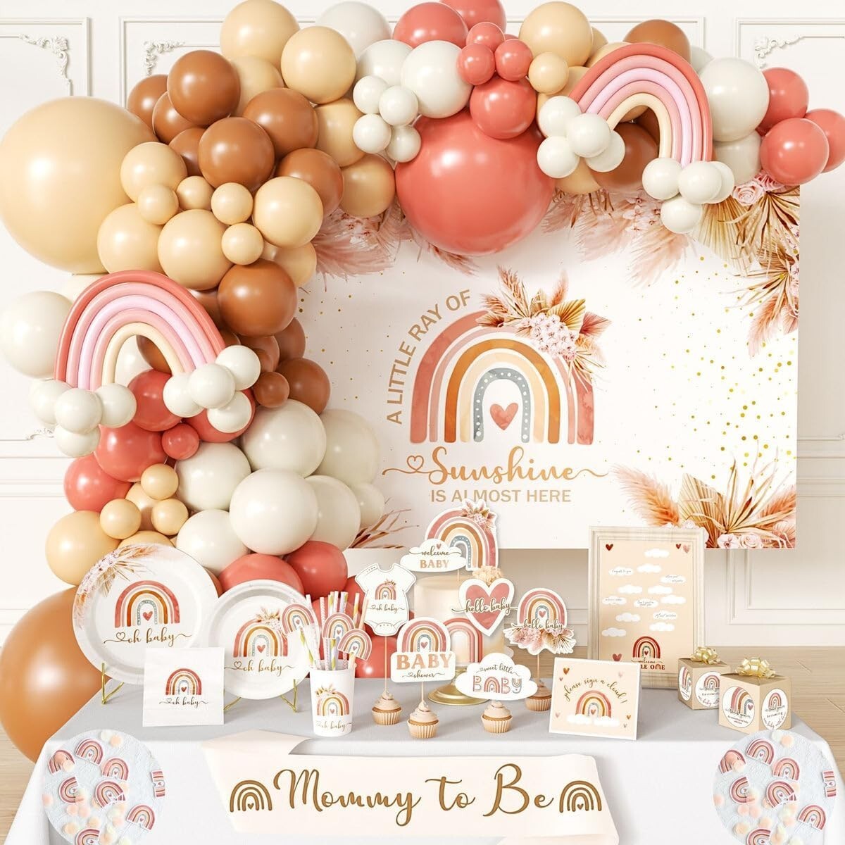 Elegant Boho Baby Shower Decorations - Complete Kit with Backdrop & Tableware