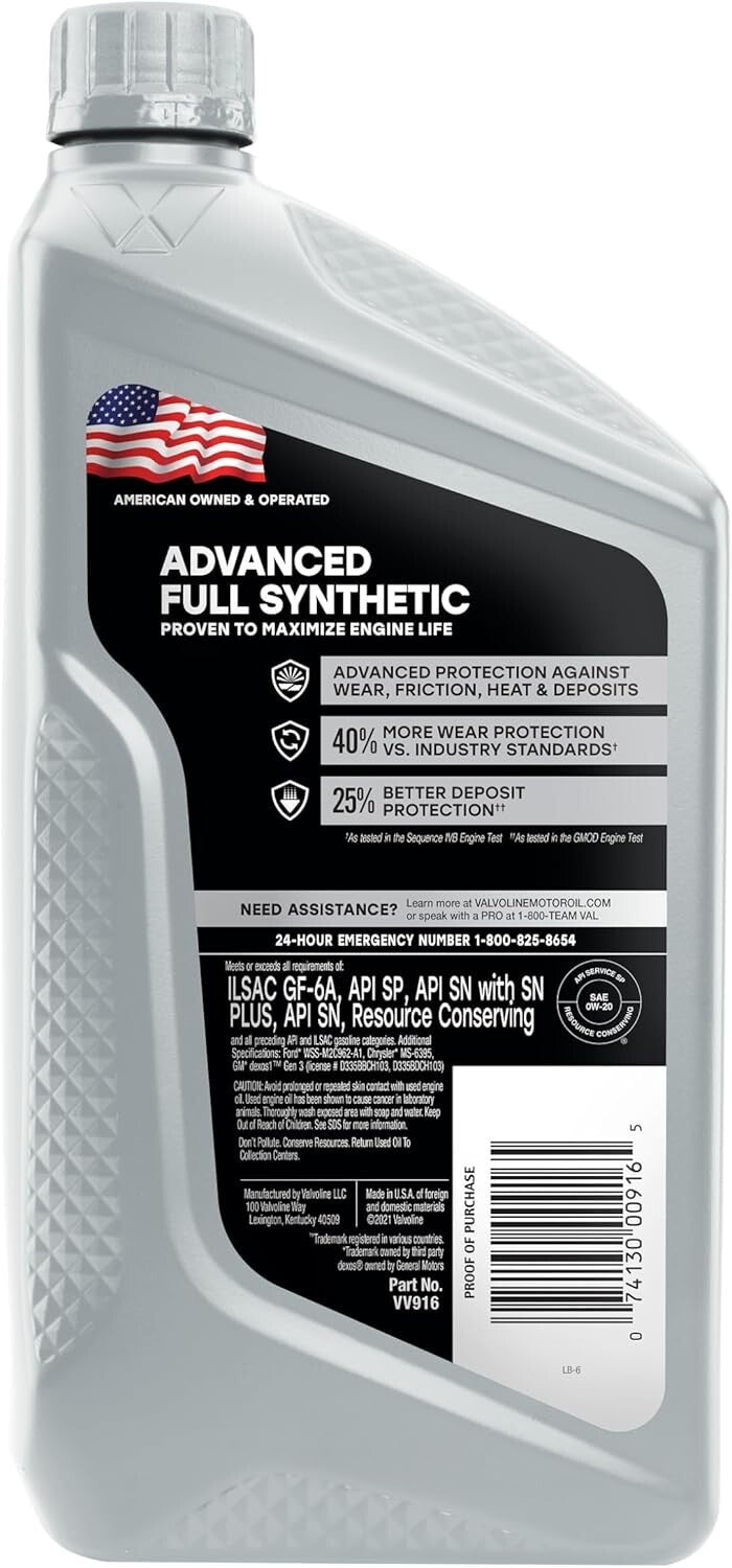 SAE 0W-20 Full Synthetic Motor Oil - Case of 6 Quarts for Superior Engine Care