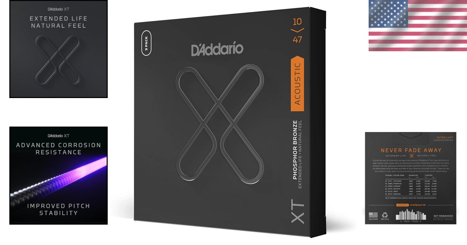 D'Addario XT Phosphor Bronze Acoustic Guitar Strings - 10-47 Extra Light, 3-Pack