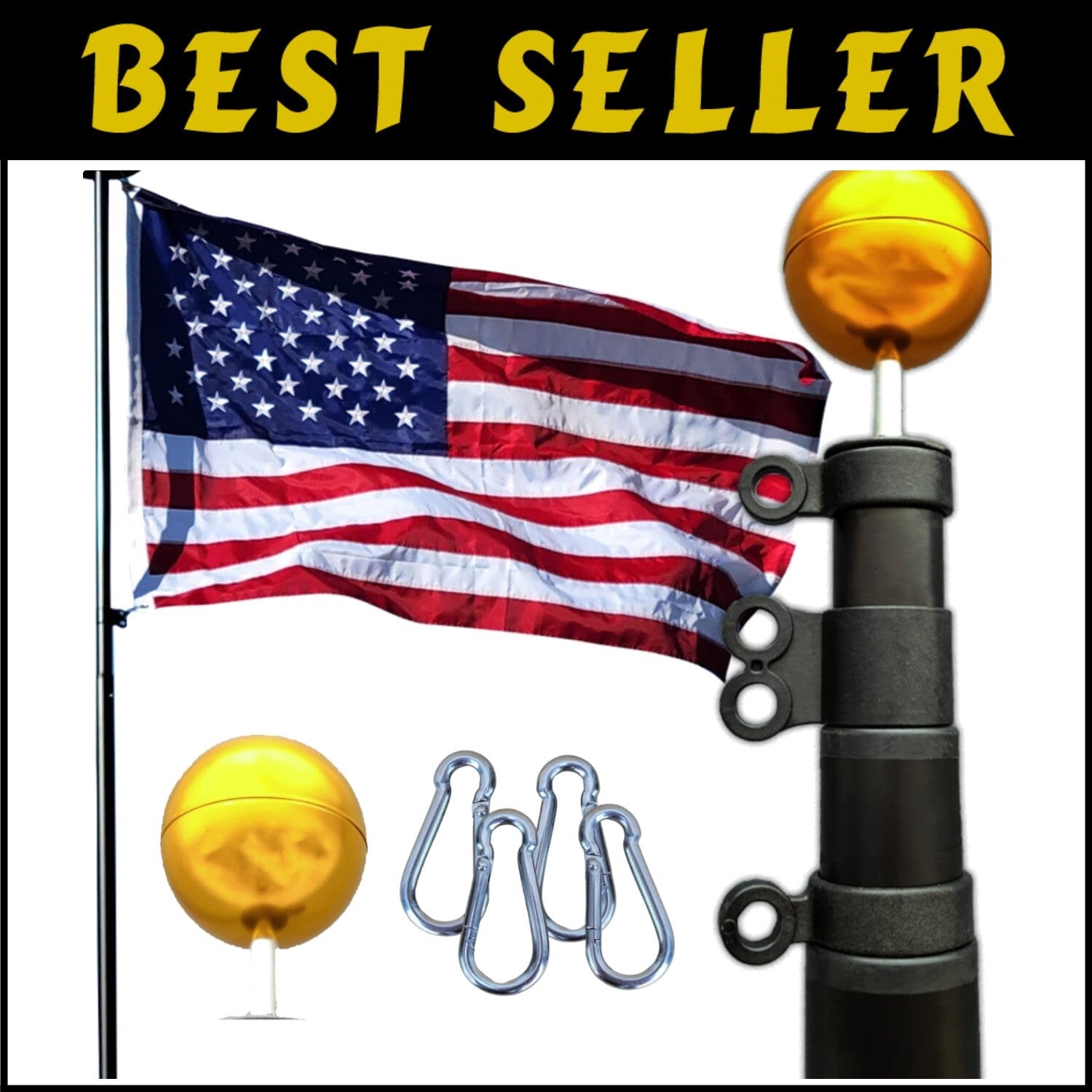 25FT Telescoping Black Flagpole Kit - Anti-Tangle Design for Residential Use