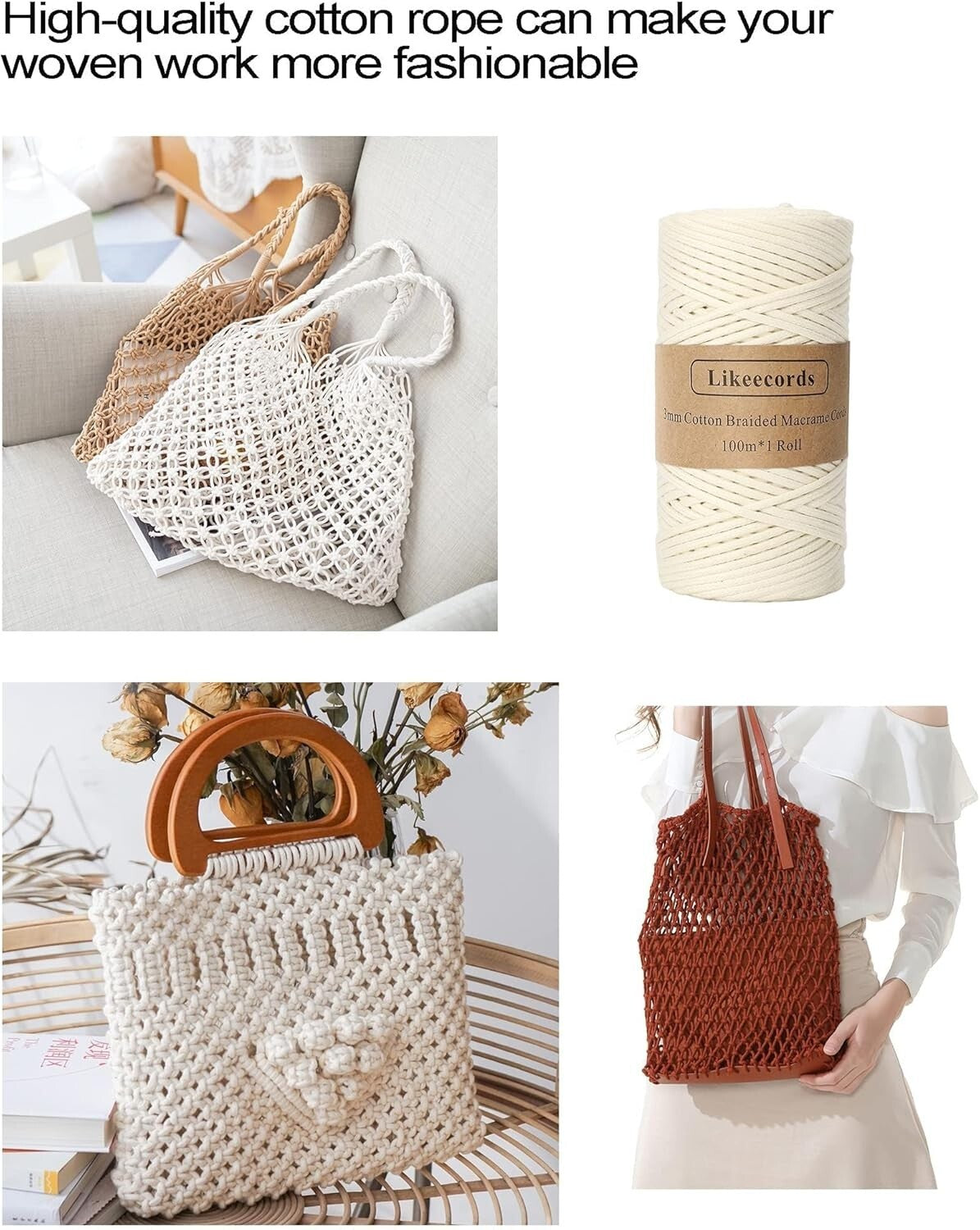 4 Skeins of Twisted Cotton Rope - Vibrant 3mm Macrame Cord for Creative Projects