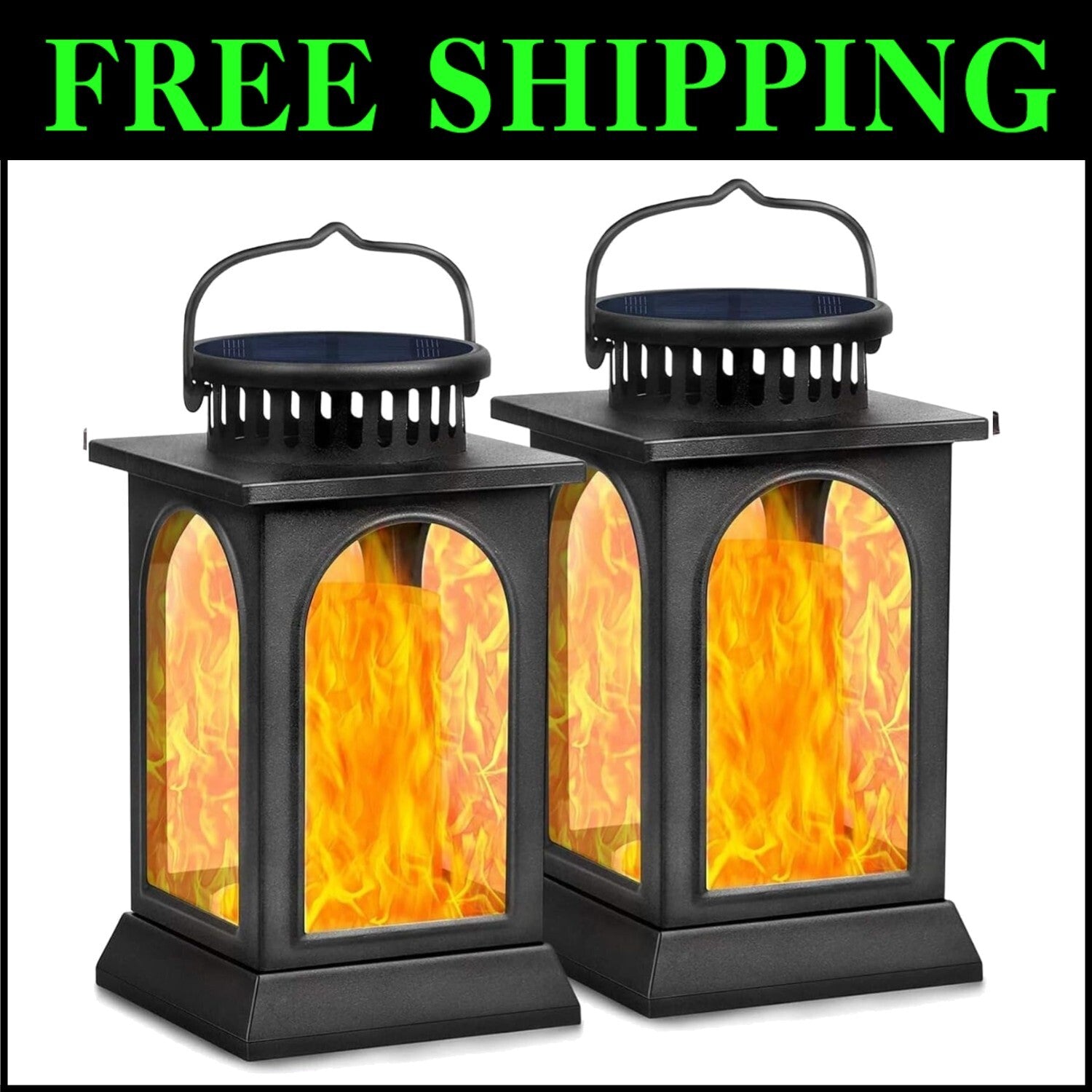 2-Pack Solar Flickering Flame Metal Lanterns for Elegant Outdoor Illumination