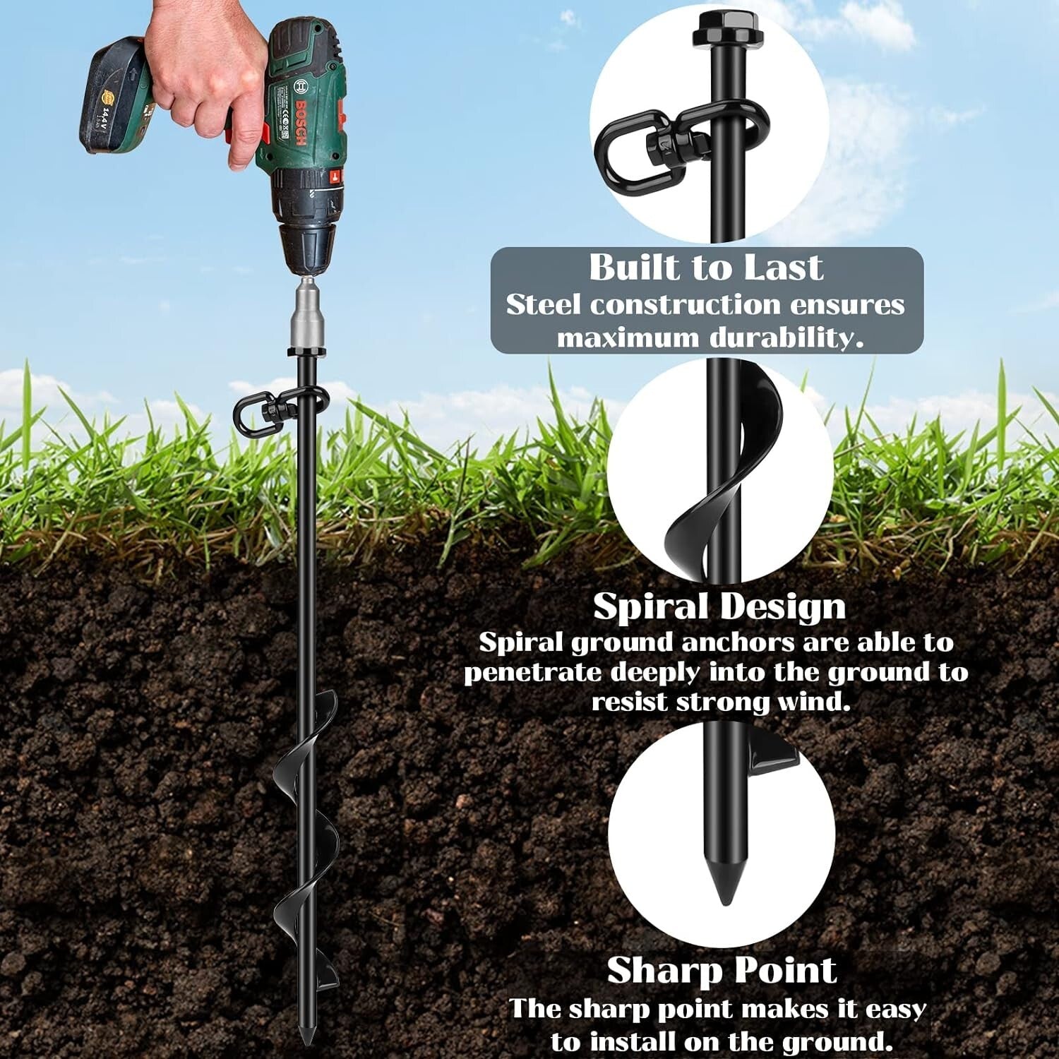 6 Heavy-Duty Spiral Ground Stakes with T-Handle Wrench - Perfect for Outdoors