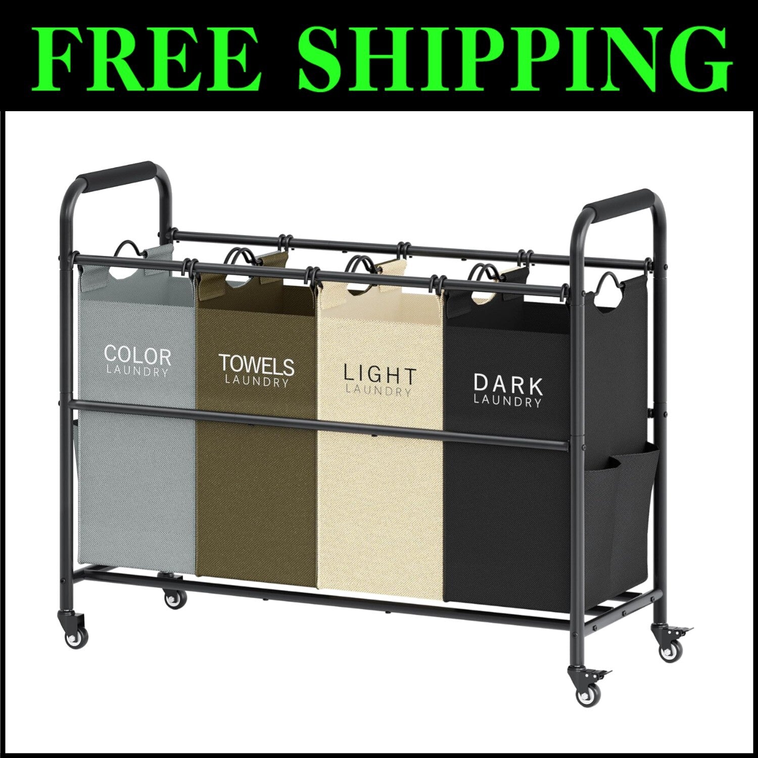 Heavy-Duty 4-Section Laundry Hamper on Wheels - Removable waterproof Bags