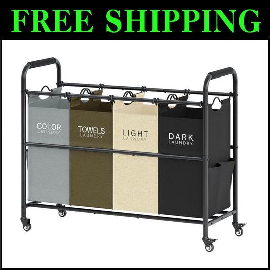 Heavy-Duty 4-Section Laundry Hamper on Wheels - Removable waterproof Bags