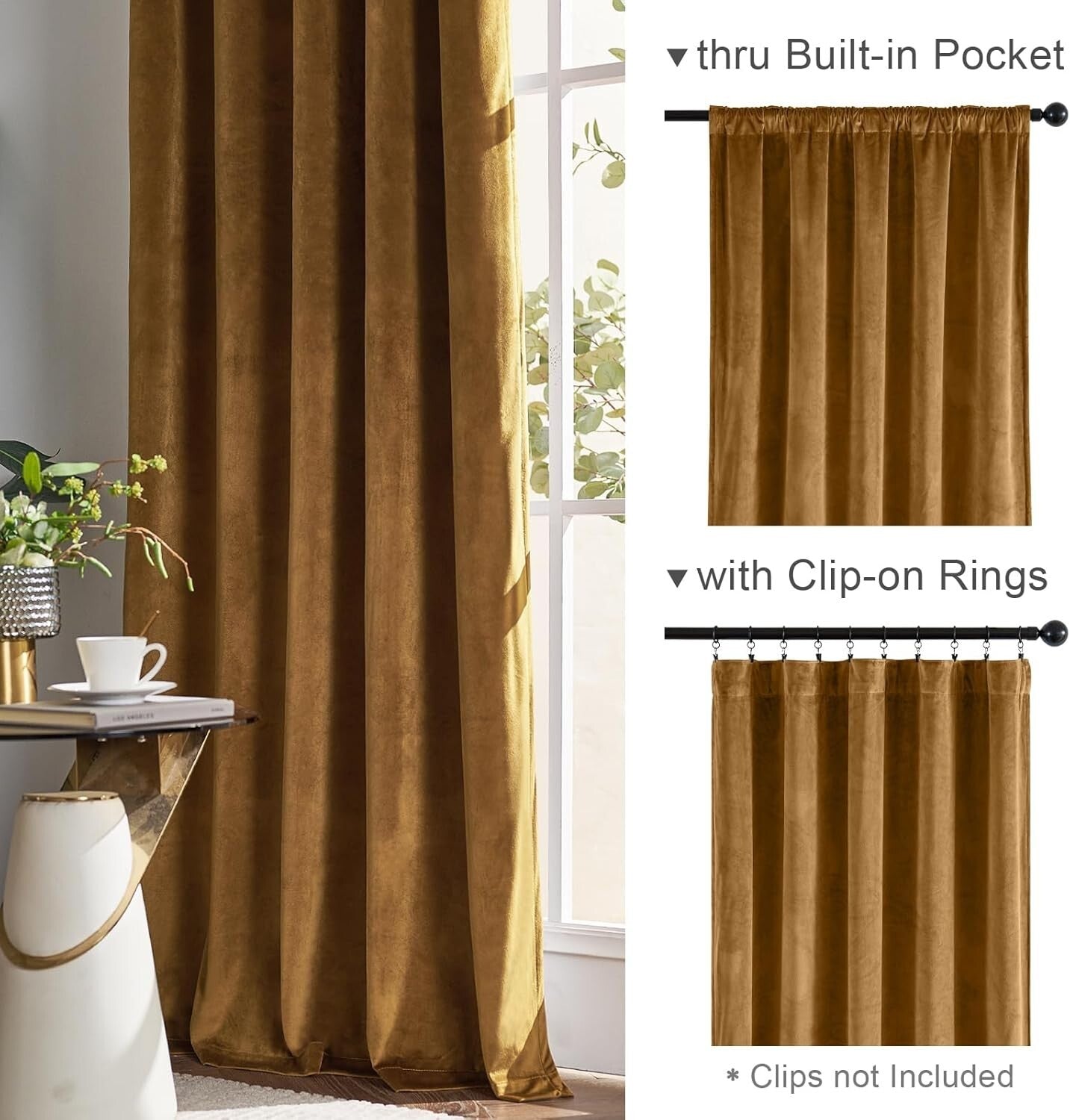 Luxury Gold Velvet Thermal Curtains, Soundproof Room Darkening Panels - 52x90 in