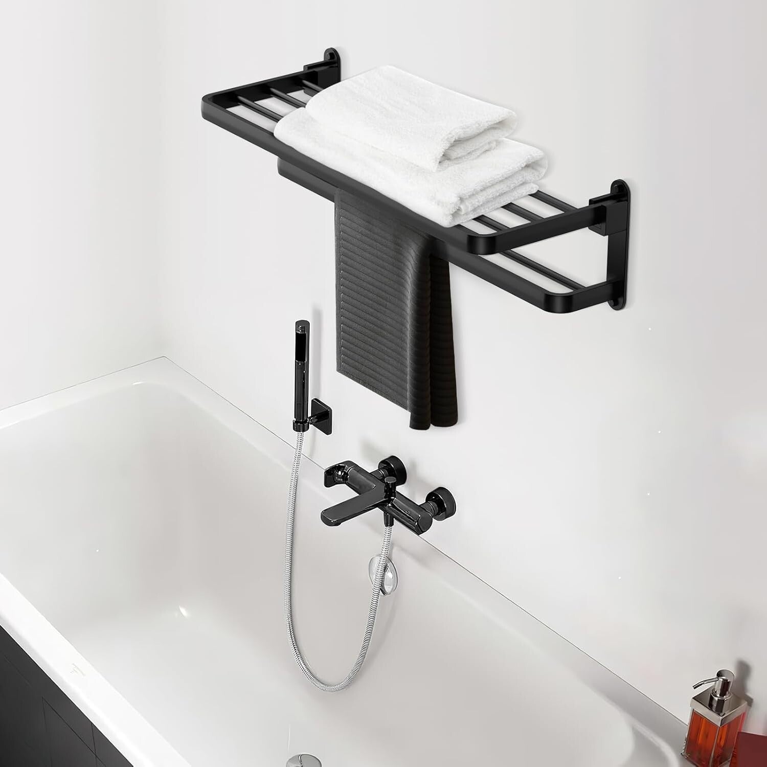 Elegant 16-Inch Matte Black Towel Rack with Folding Feature for Modern Bathrooms
