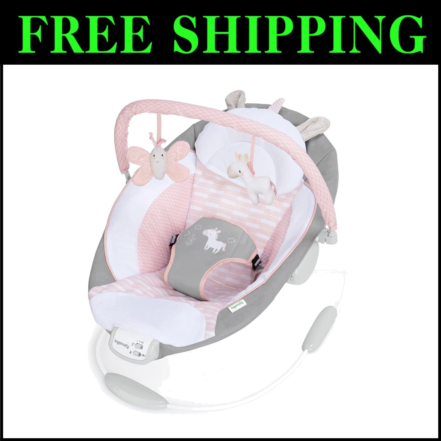 Soothing Pink Unicorn Baby Bouncer with Vibrations & 8 Melodies for Girls