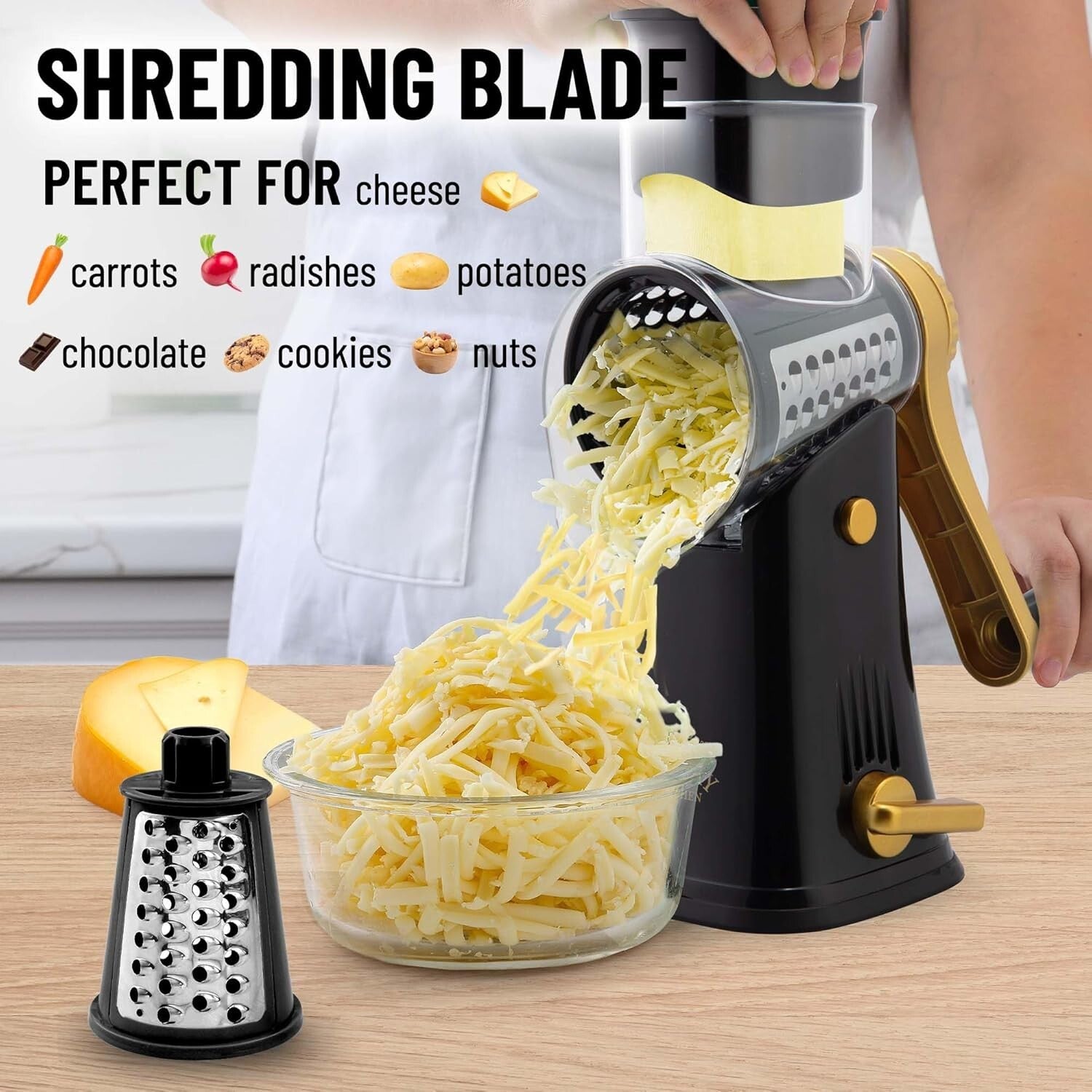 Dishwasher Safe Cheese Shredder with 5 Interchangeable Blades - Compact Design