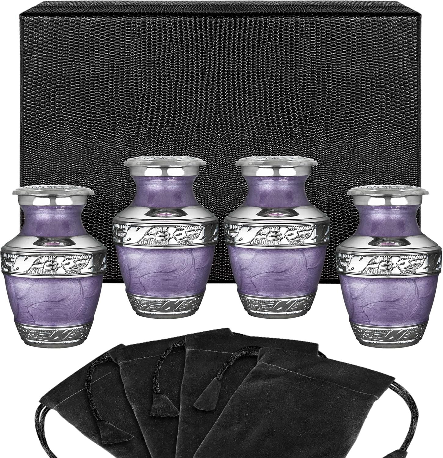 Versatile Small Urns for Ashes - Elegant Purple Brass Set of 4 with Velvet Bags
