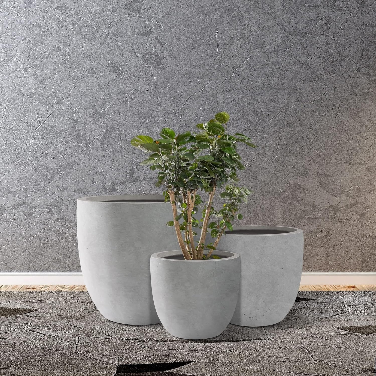 Elegant 18", 14", 10" Round Concrete Planters with Drainage for Home & Patio