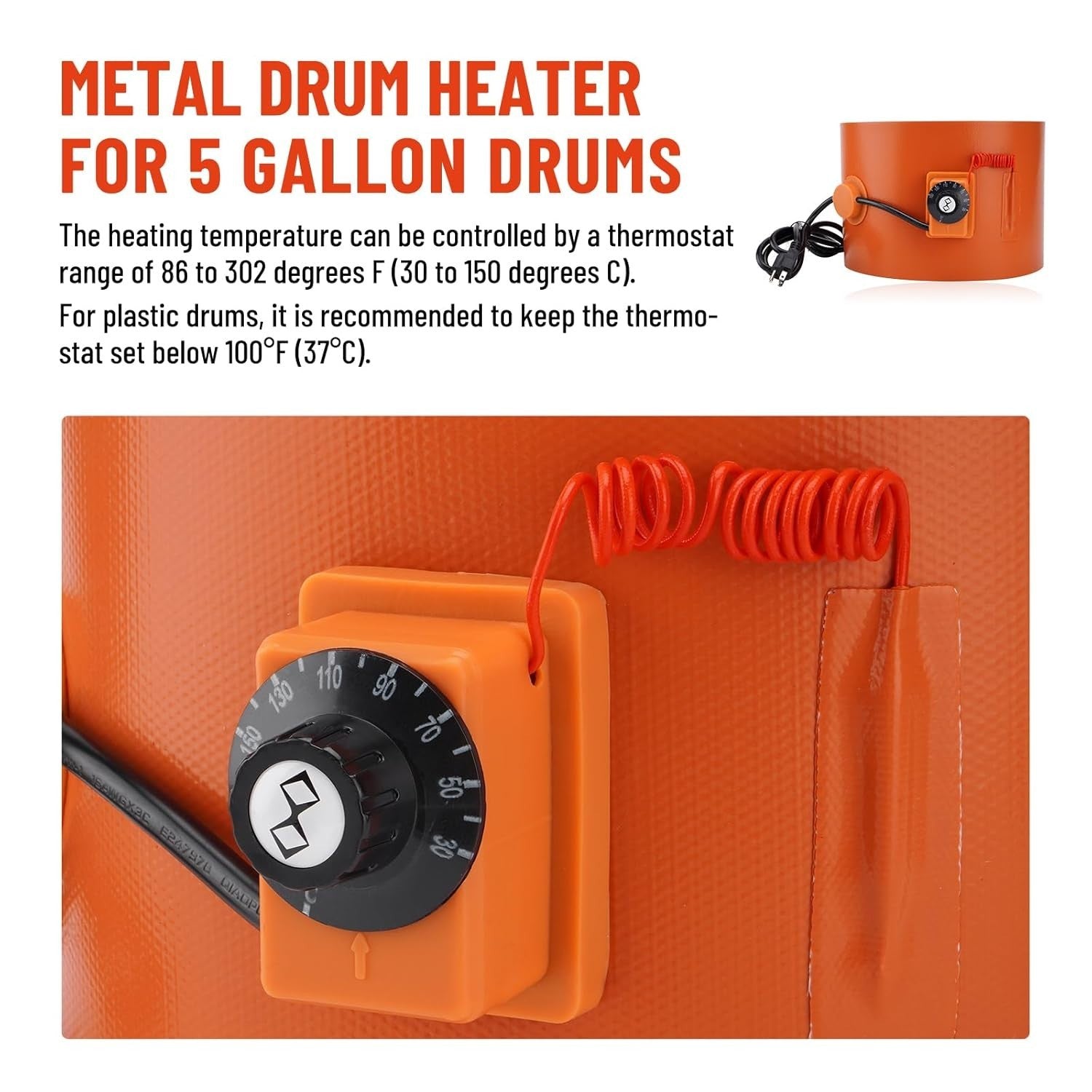 Durable Metal Band Heater for 5-Gallon Drums - 120V with Adjustable Thermostat