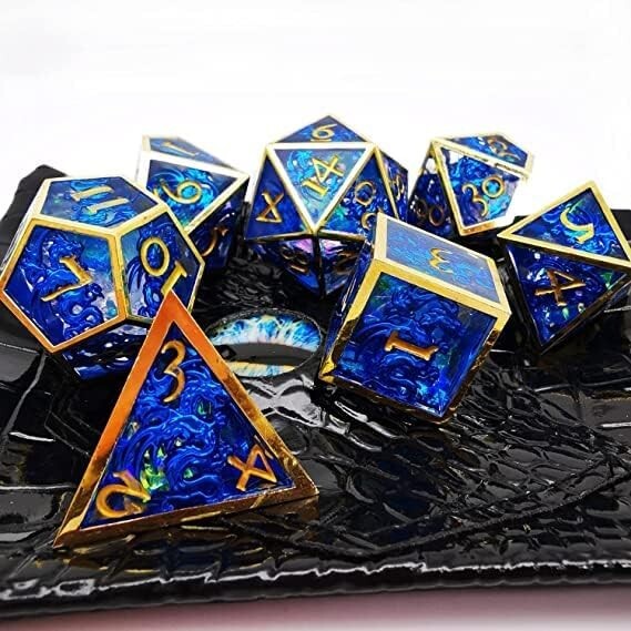 Eco-Friendly Blue Dragons Polyhedral Dice Set - 7 Hollow Metal/Resin Variety