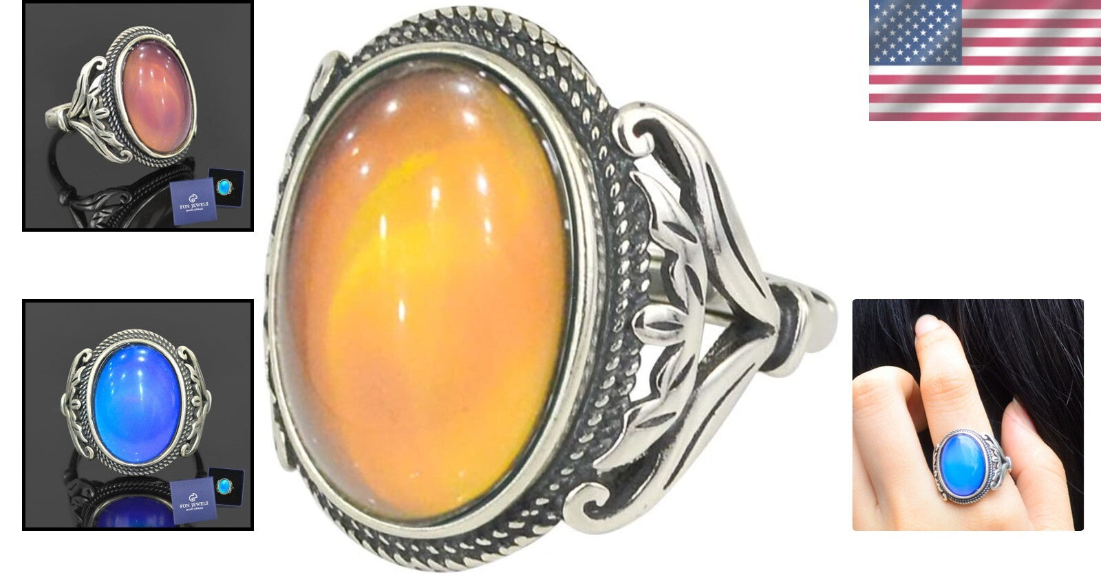 Adjustable Burnished Sterling Silver Mood Ring - Antique Style Statement Jewelry