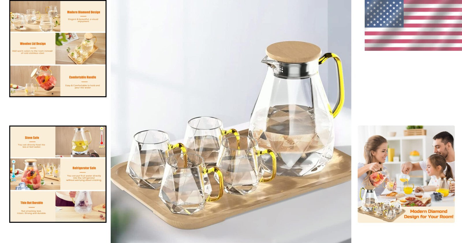 Diamond Design 68 oz Glass Water Pitcher with 4 Cups - Perfect for Entertaining
