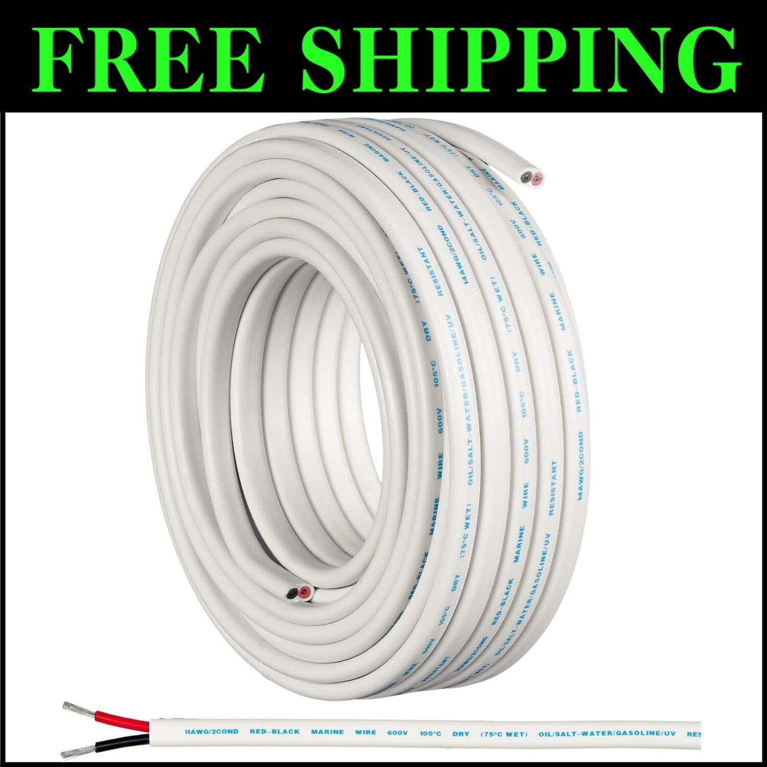 14 Gauge AWG Marine Wire - 50 Ft Oxygen-Free Copper for Waterproof Wiring