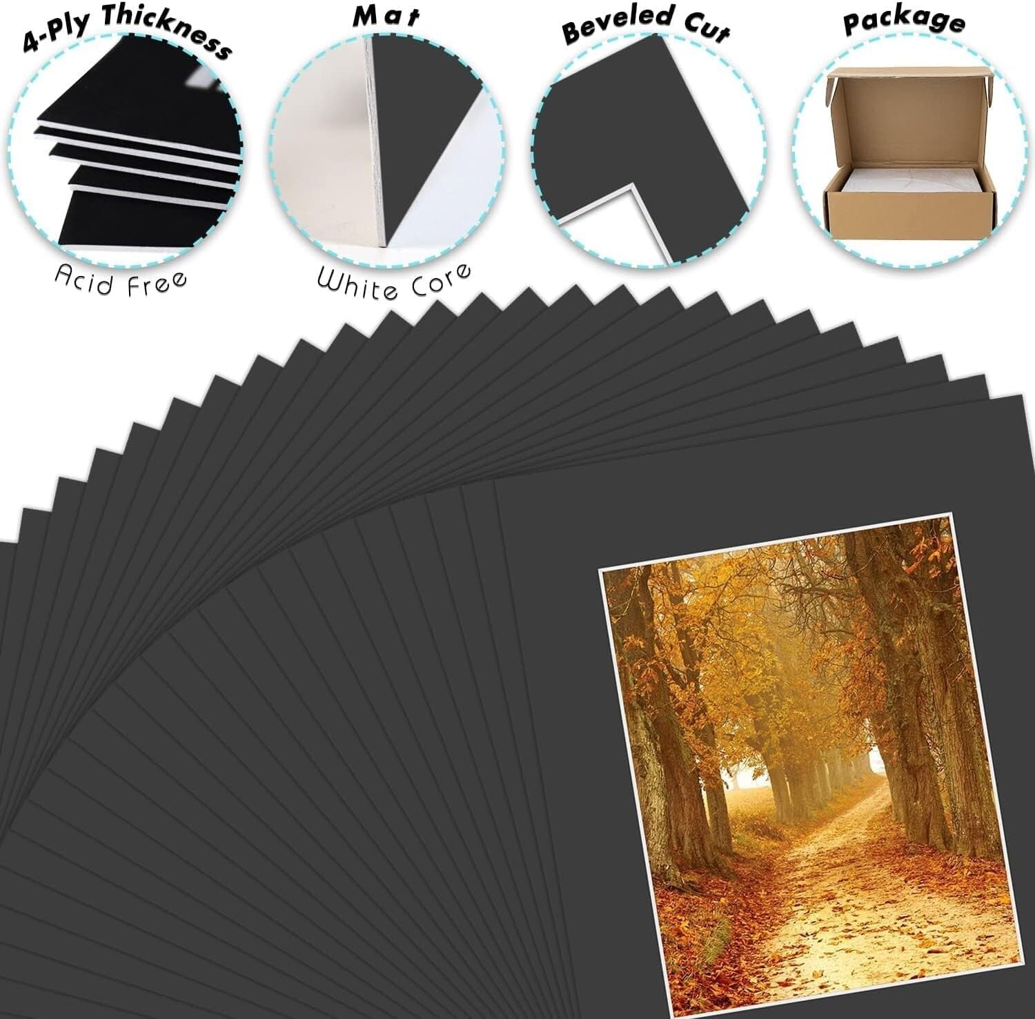 Elegant 16x20 Black Picture Mats with White Core - 25 Count for 11x14 Images