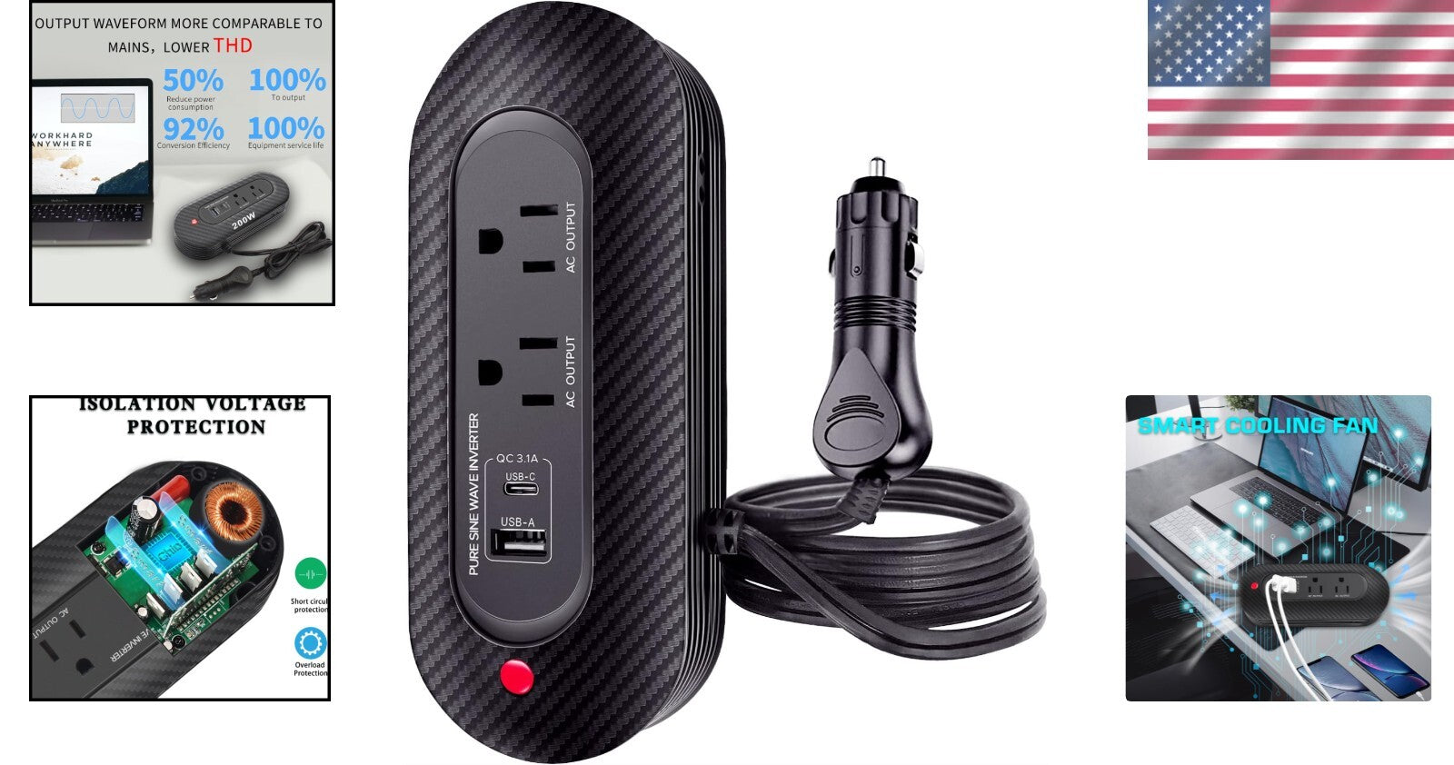 200W Pure Sine Wave Car Power Inverter - Compact Adapter with Dual AC Outlets