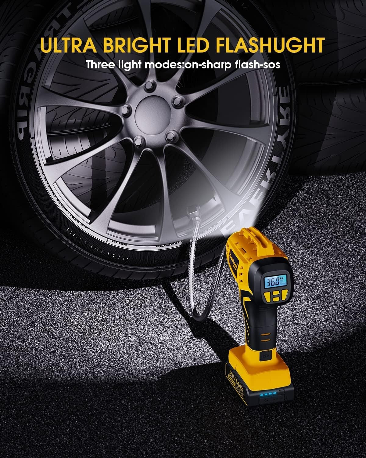 Quick-Charge Tire Inflator with 21V Battery - 160 PSI for Cars, Bikes & E-Bikes