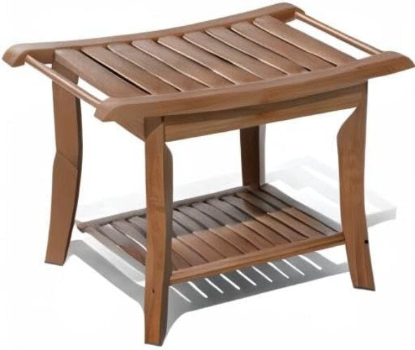 Waterproof Bamboo Shower Stool with Storage Shelf - Elegant Walnut Finish