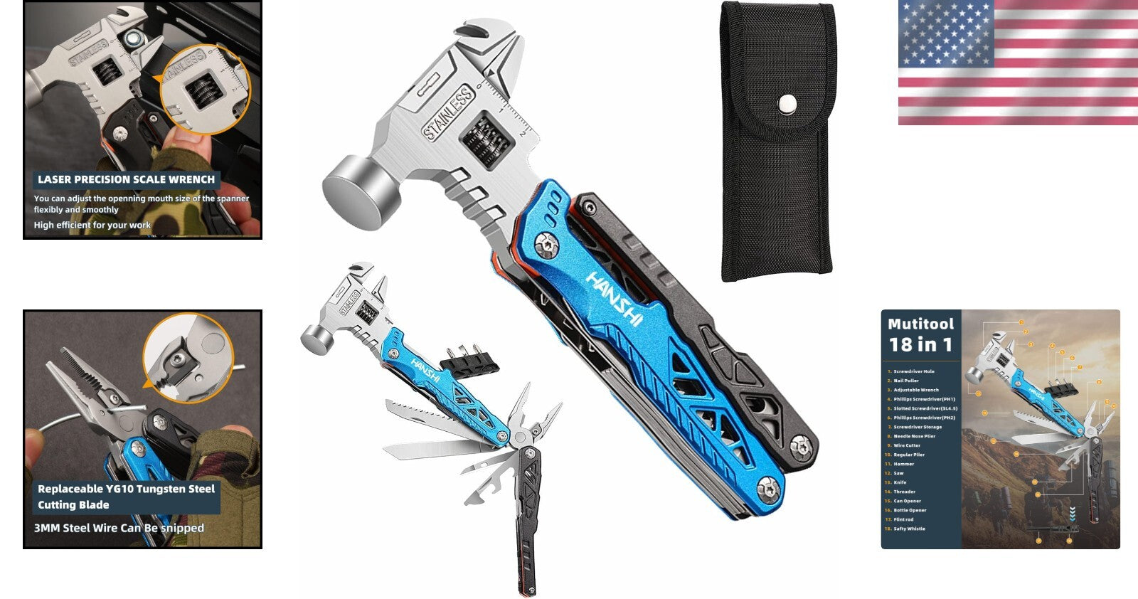 Compact Blue Multitool Hammer with Spring-Action Pliers for Adventure Seekers