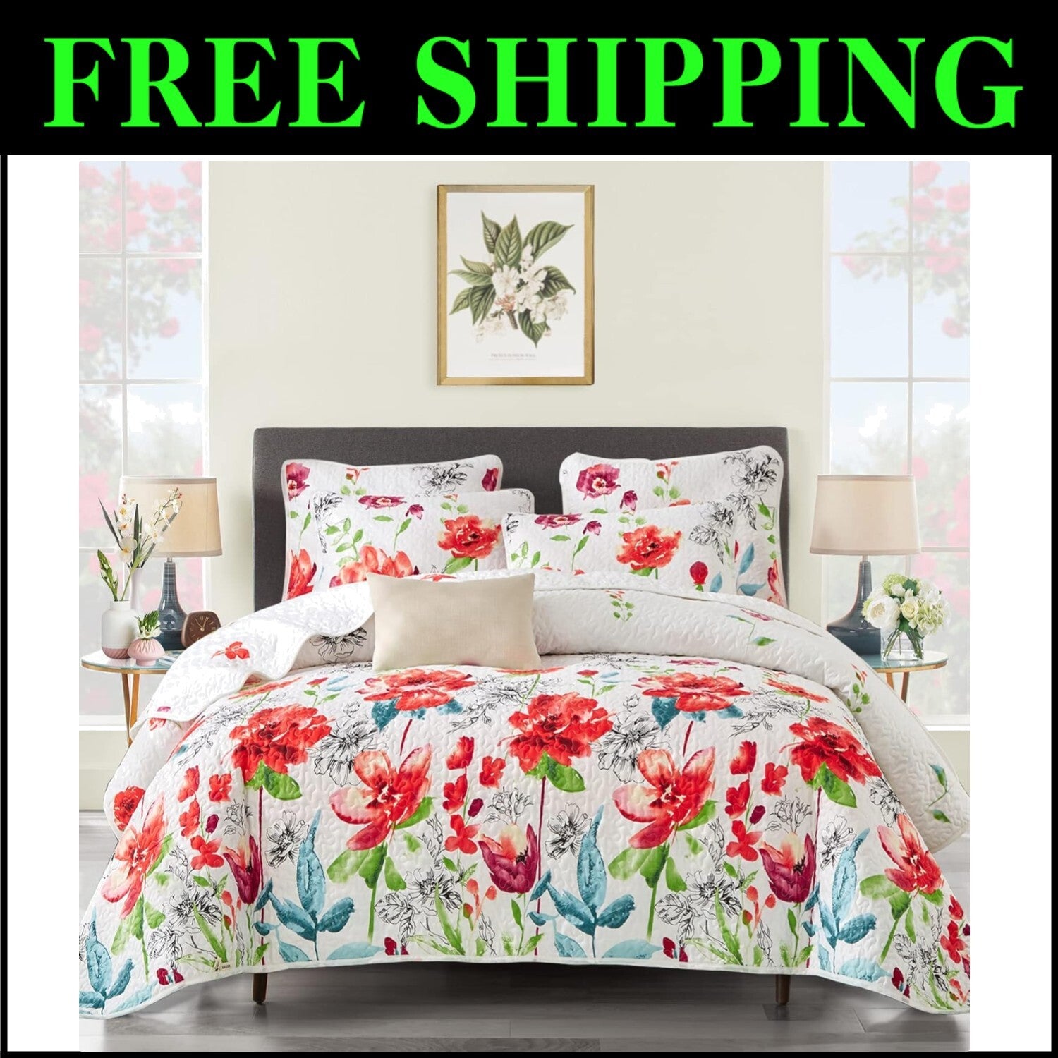 Reversible King Size Quilt Set with Floral Pattern - Summer Lightweight Comfort