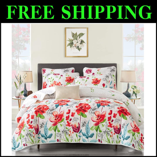 Reversible King Size Quilt Set with Floral Pattern - Summer Lightweight Comfort