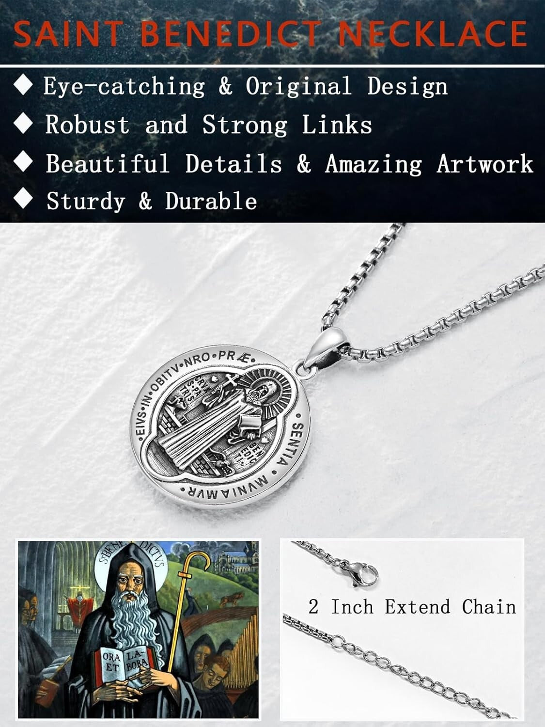 Elegant Saint Benedict Medal Necklace - Hypoallergenic Silver Jewelry Gift Box