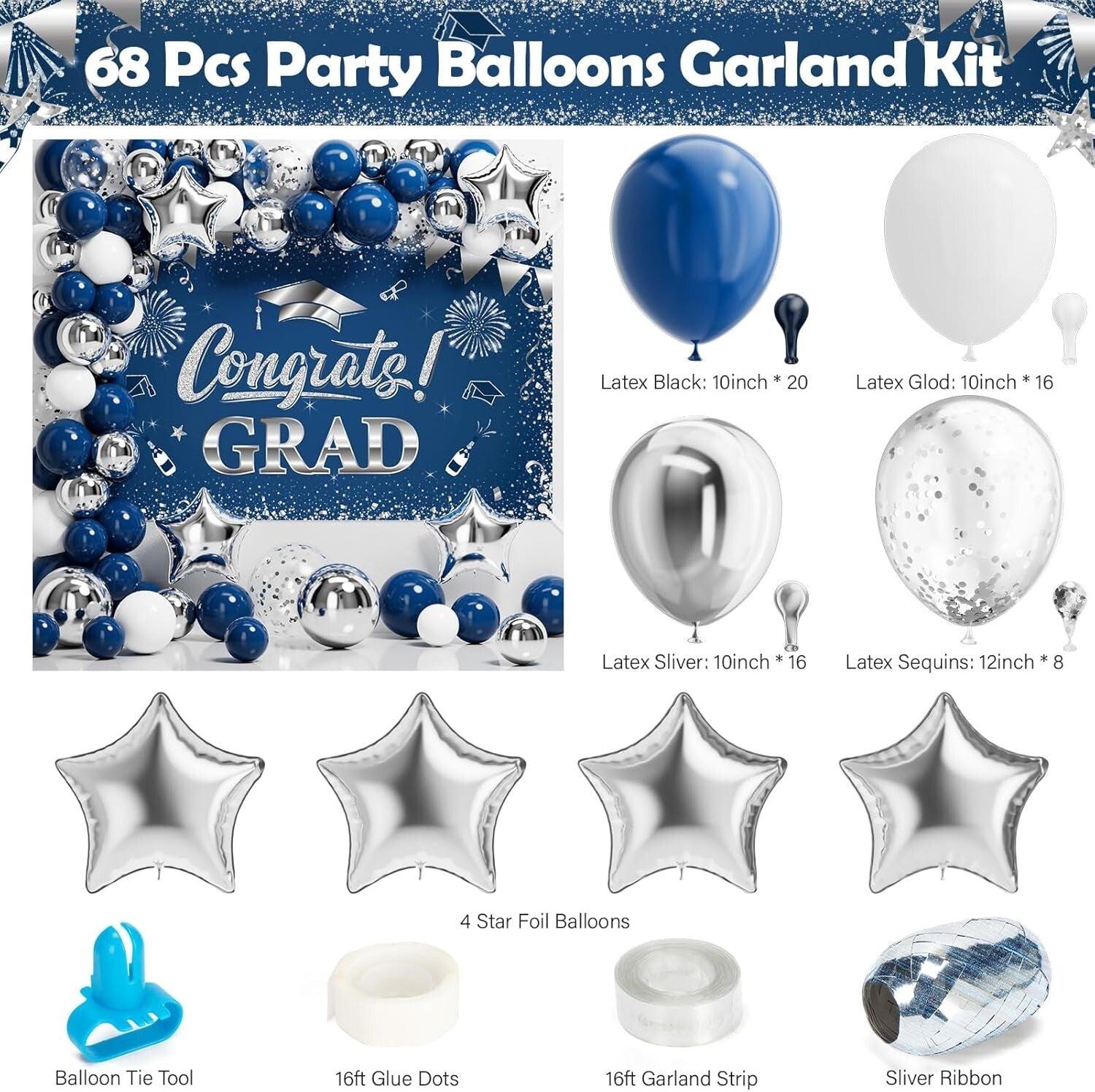 2025 Graduation Party Supplies Set - 245 PCS for 25 Guests - Navy Blue & Silver