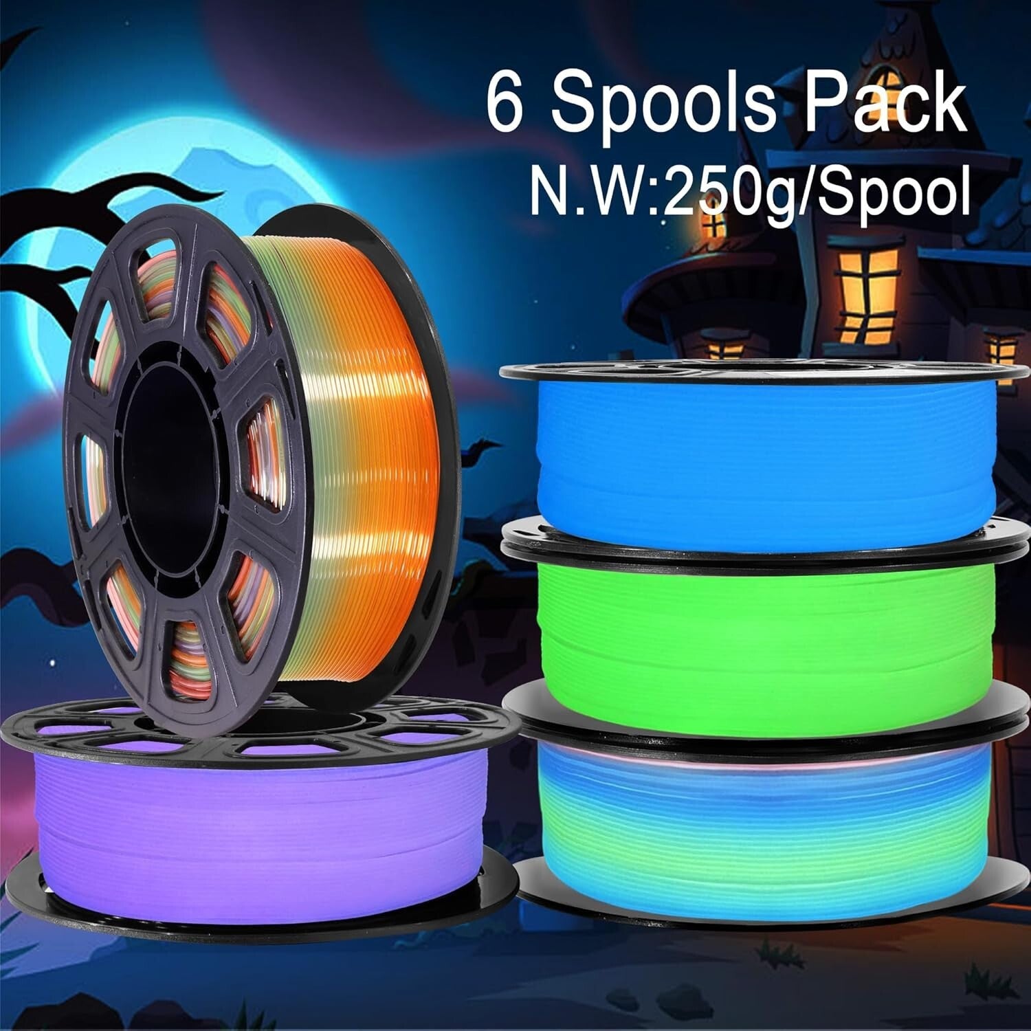 1.25kg Glow in Dark 3D Filament Bundle - 5 x 250g Spools for Creative Projects