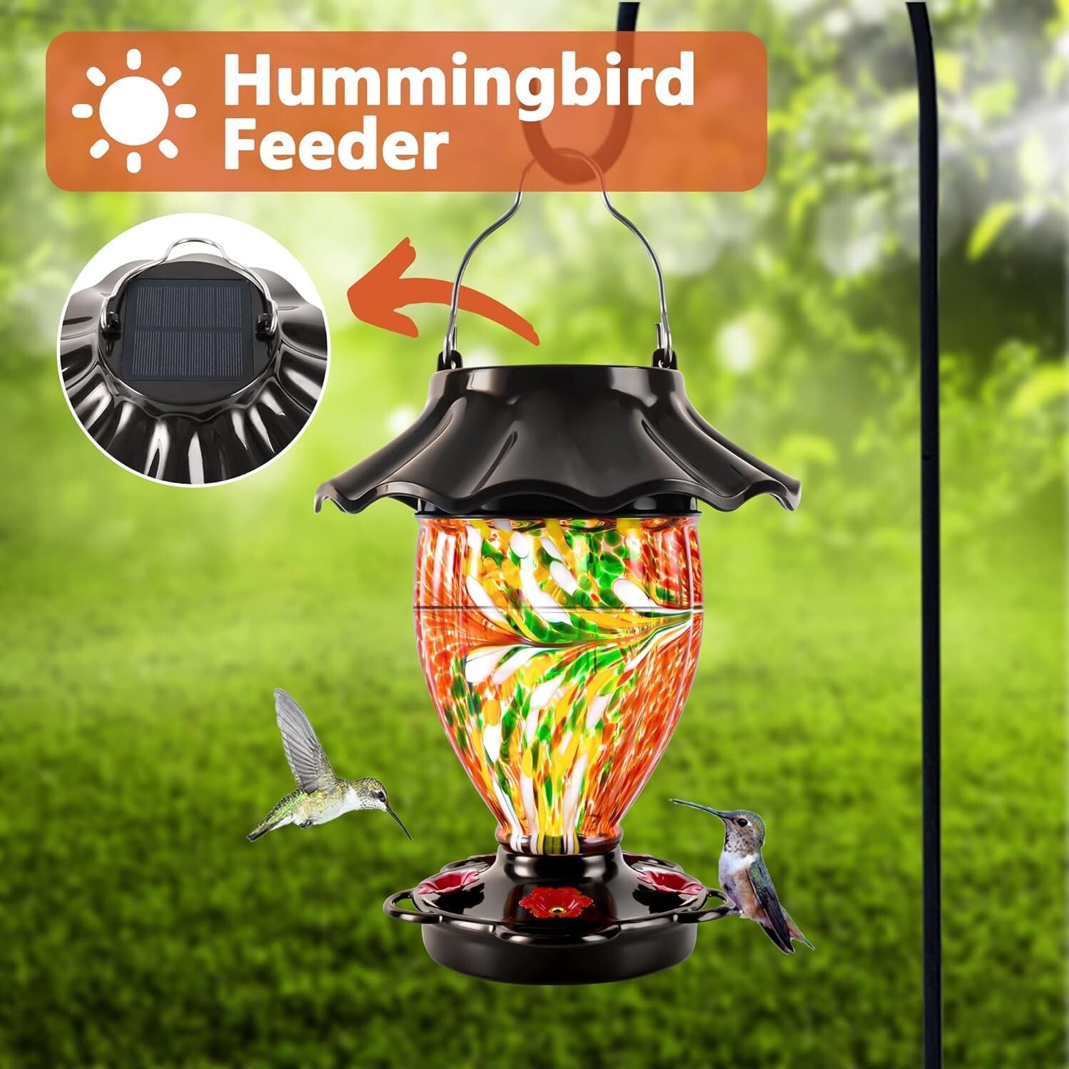 Elegant Hanging Solar Hummingbird Feeder - Durable Glass & Metal Design, 32 oz
