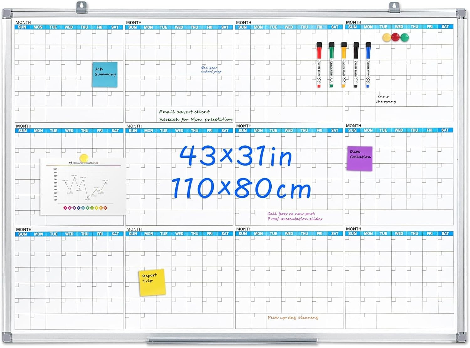 Durable Large Dry Erase Calendar Whiteboard with Magnetic Surface for All Spaces