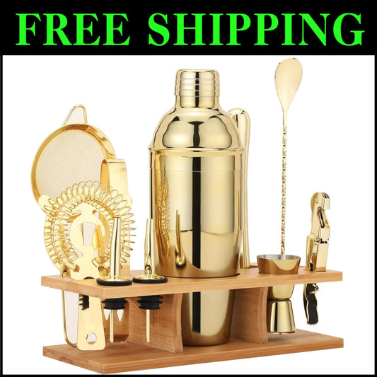 Luxury 11-Piece Mixology Set in Matte Gold - Includes Shaker, Muddler & More