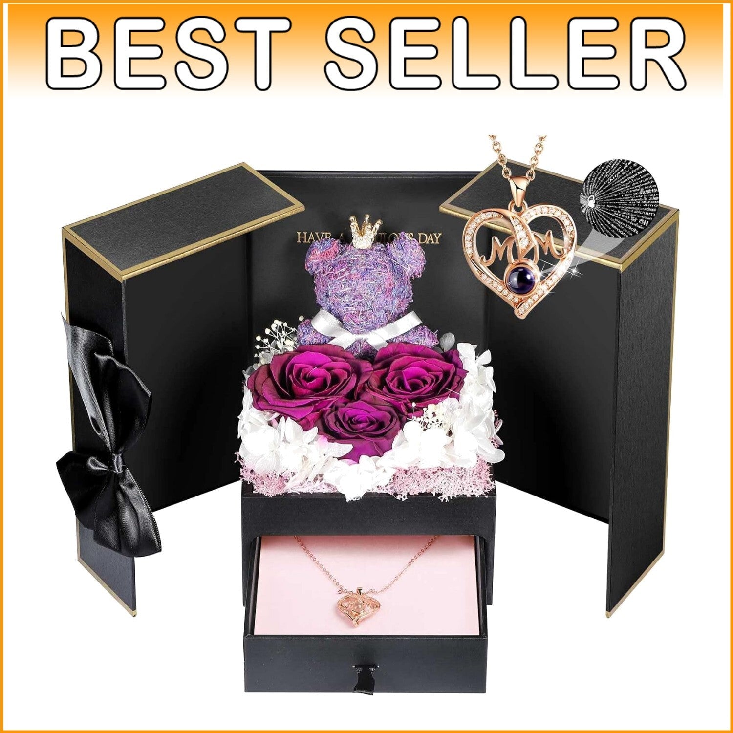 Charming Gift Set for Mom: Roses, Bear, and I Love You Necklace in Rose Gold